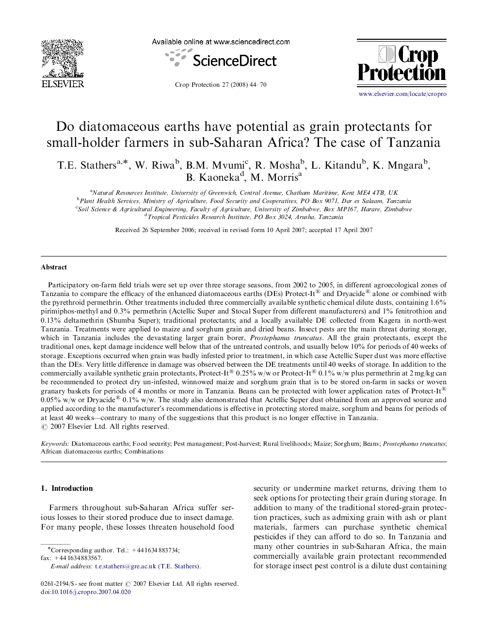 Do diatomaceous earths have potential as grain protectants for small-holder farmers in sub-Saharan Africa? The case of Tanzania