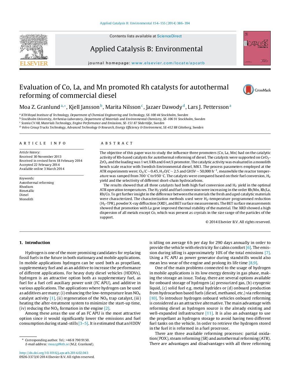 Evaluation of Co, La, and Mn promoted Rh catalysts for autothermal reforming of commercial diesel