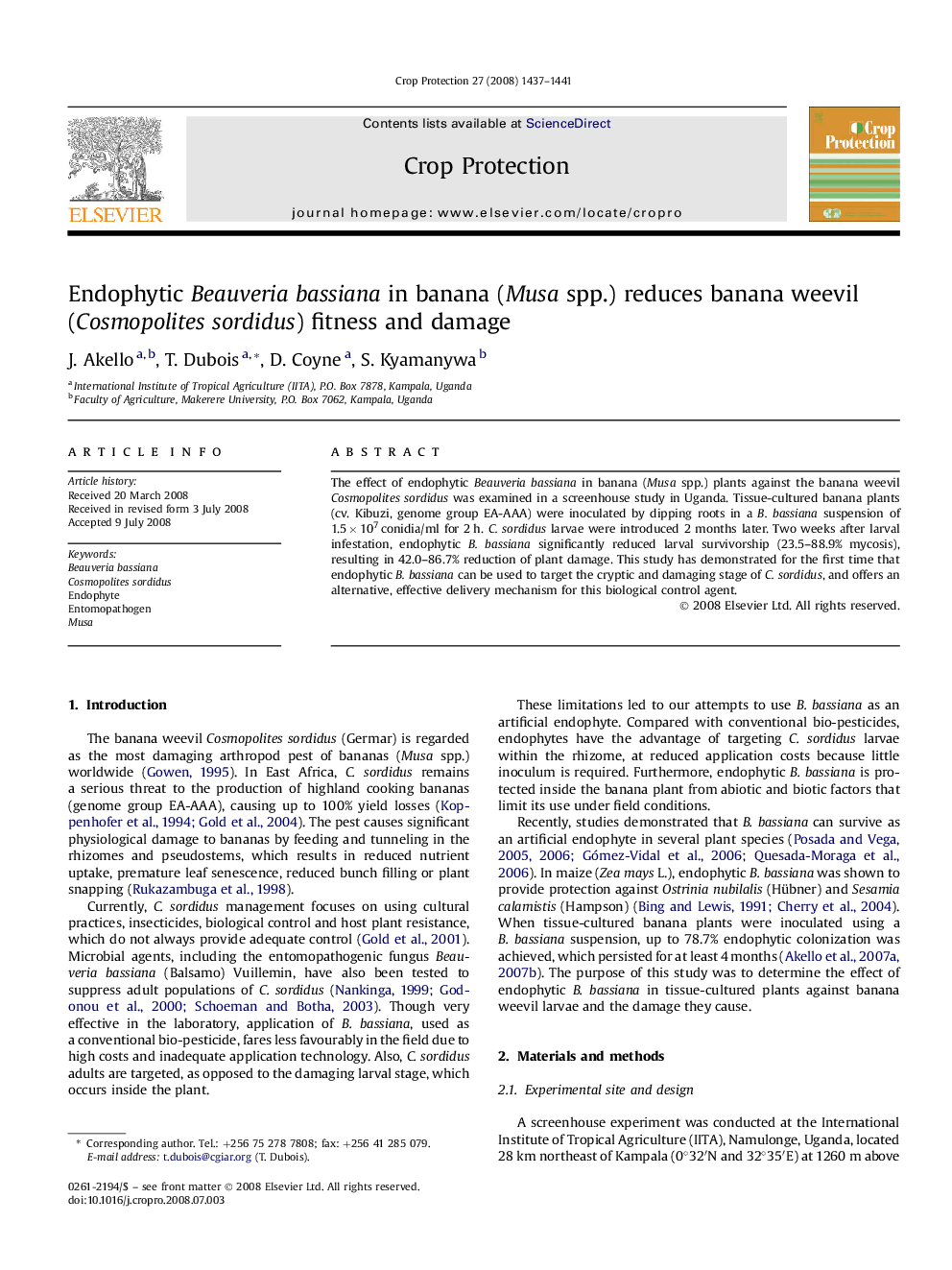 Endophytic Beauveria bassiana in banana (Musa spp.) reduces banana weevil (Cosmopolites sordidus) fitness and damage