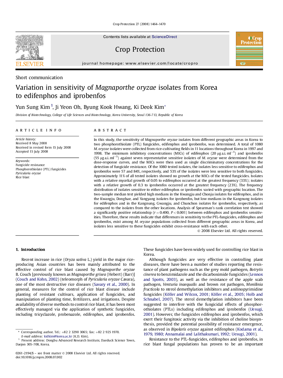 Variation in sensitivity of Magnaporthe oryzae isolates from Korea to edifenphos and iprobenfos