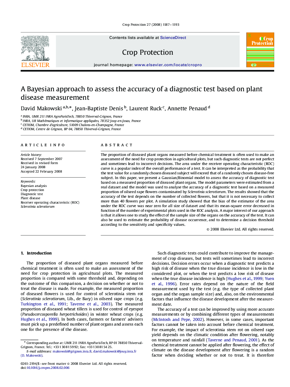 A Bayesian approach to assess the accuracy of a diagnostic test based on plant disease measurement