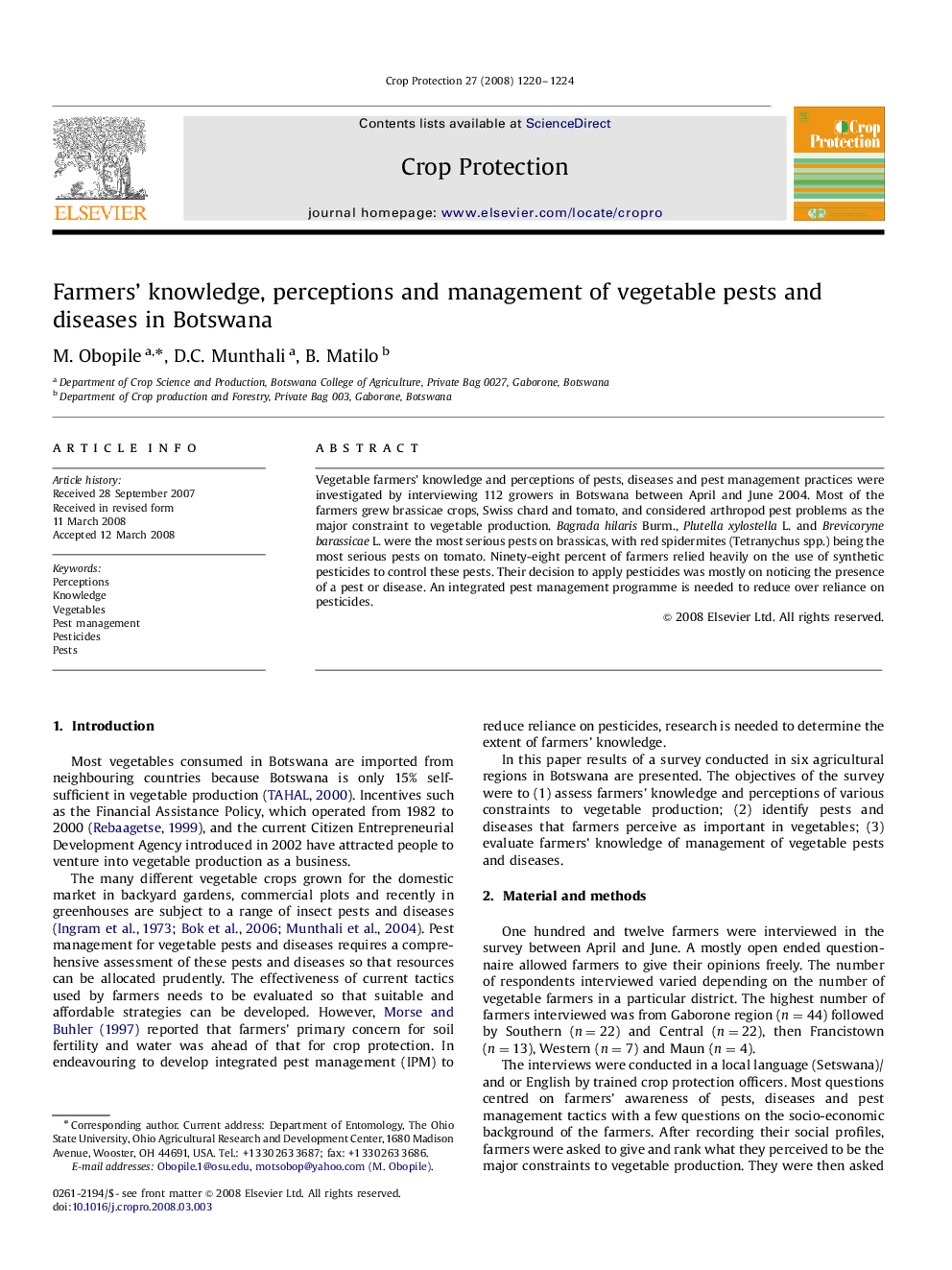 Farmers’ knowledge, perceptions and management of vegetable pests and diseases in Botswana