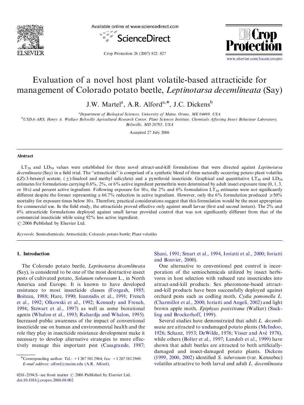 Evaluation of a novel host plant volatile-based attracticide for management of Colorado potato beetle, Leptinotarsa decemlineata (Say)