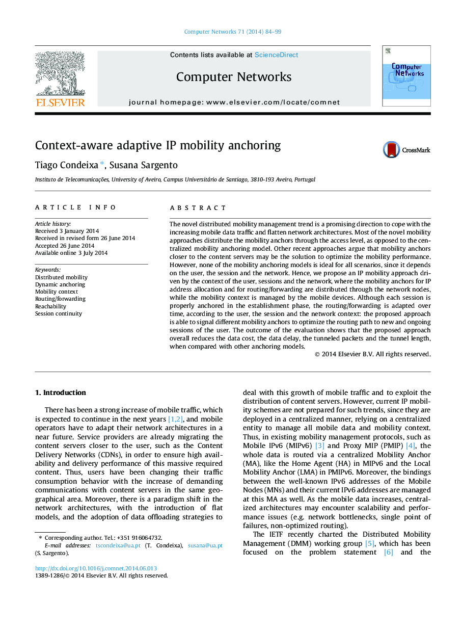 Context-aware adaptive IP mobility anchoring