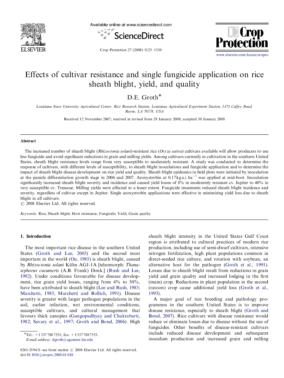 Effects of cultivar resistance and single fungicide application on rice sheath blight, yield, and quality