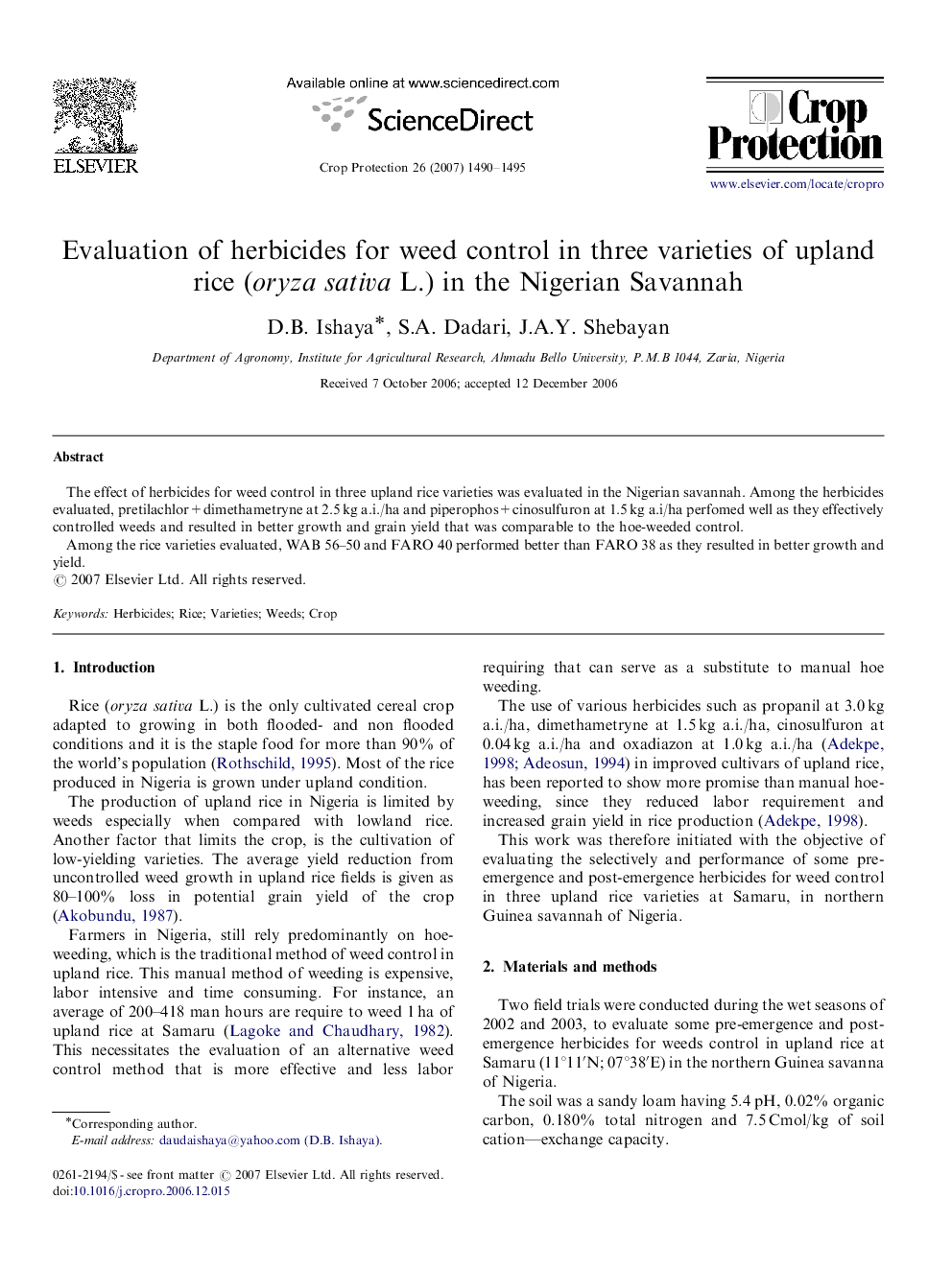 Evaluation of herbicides for weed control in three varieties of upland rice (oryza sativa L.) in the Nigerian Savannah