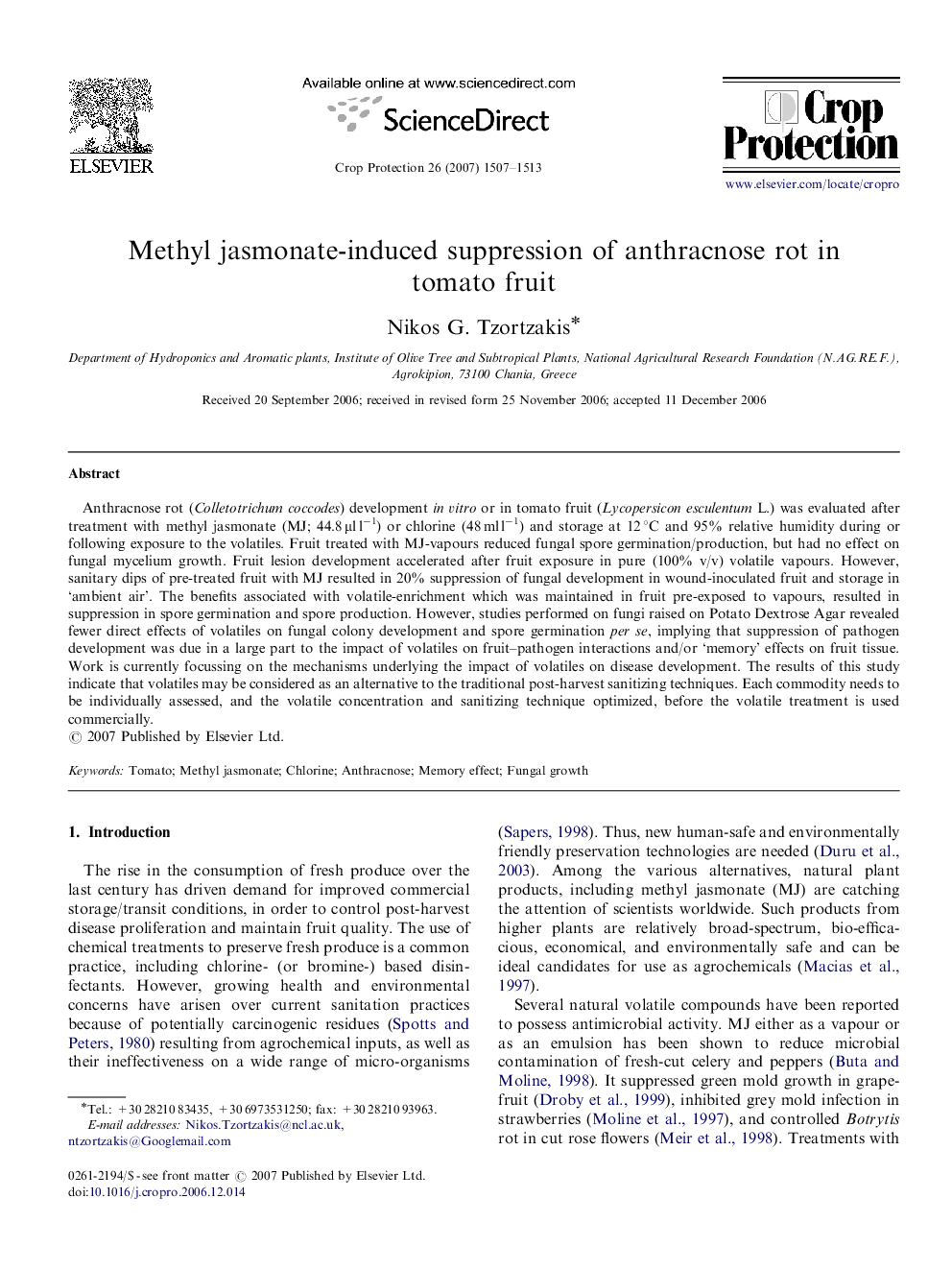 Methyl jasmonate-induced suppression of anthracnose rot in tomato fruit