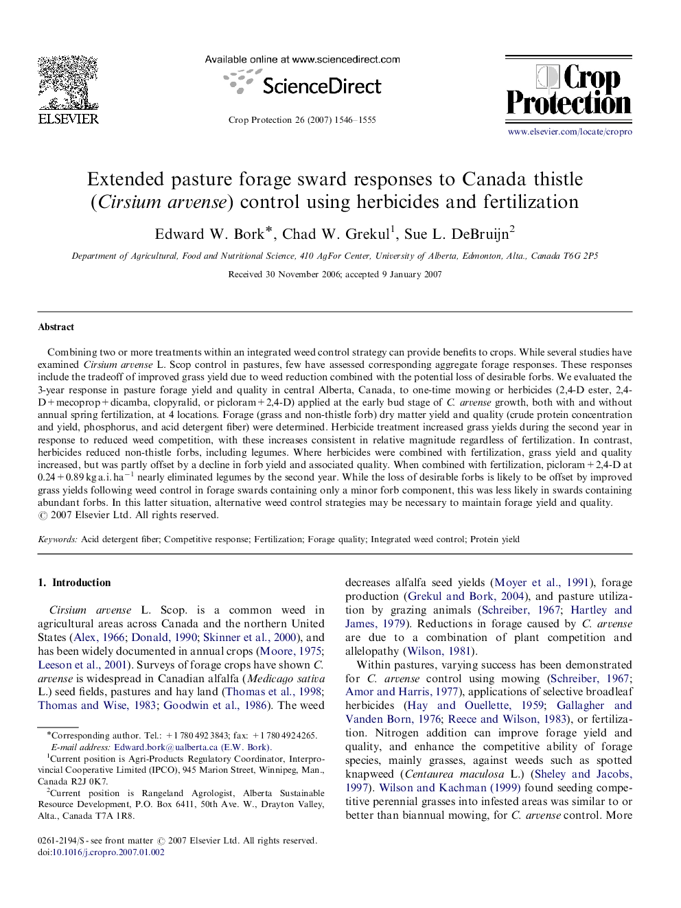 Extended pasture forage sward responses to Canada thistle (Cirsium arvense) control using herbicides and fertilization