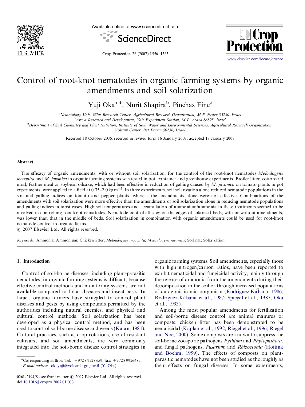 Control of root-knot nematodes in organic farming systems by organic amendments and soil solarization