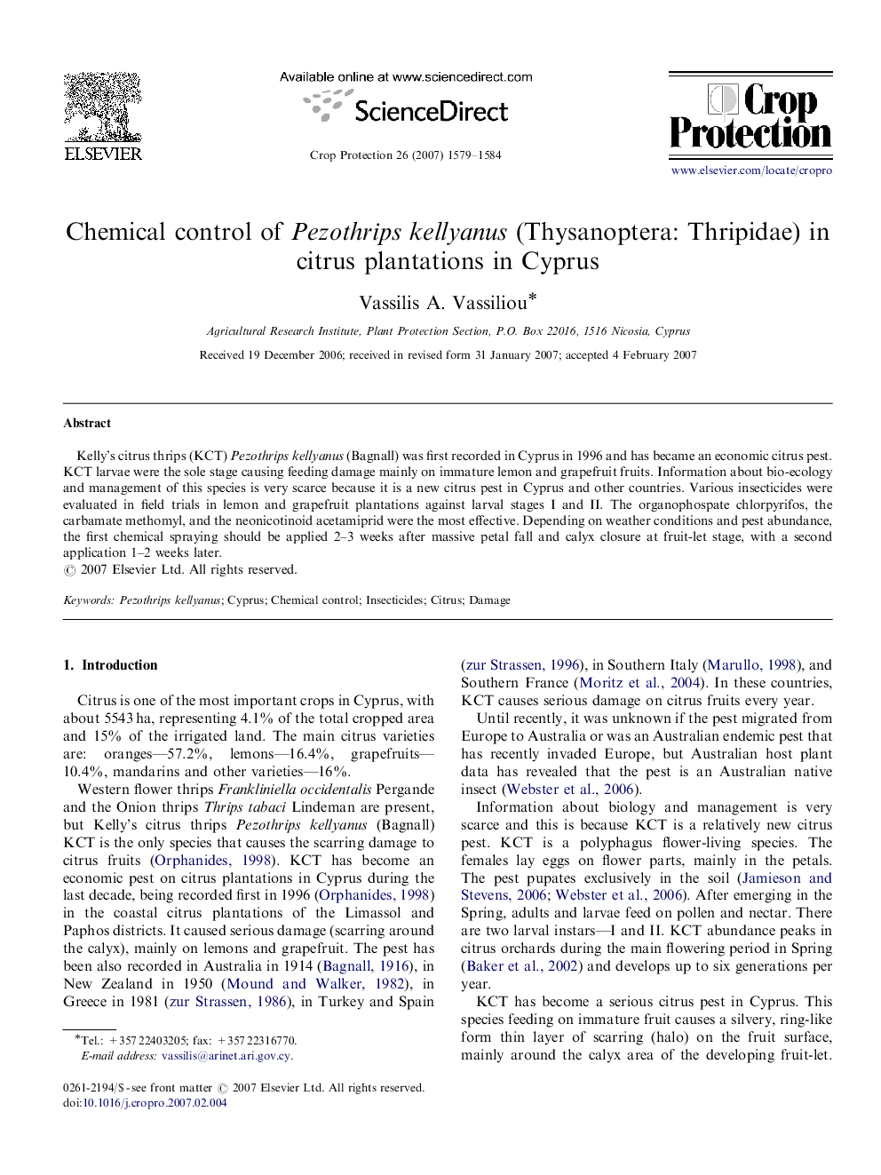 Chemical control of Pezothrips kellyanus (Thysanoptera: Thripidae) in citrus plantations in Cyprus