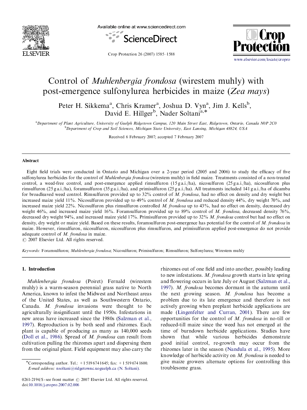 Control of Muhlenbergia frondosa (wirestem muhly) with post-emergence sulfonylurea herbicides in maize (Zea mays)