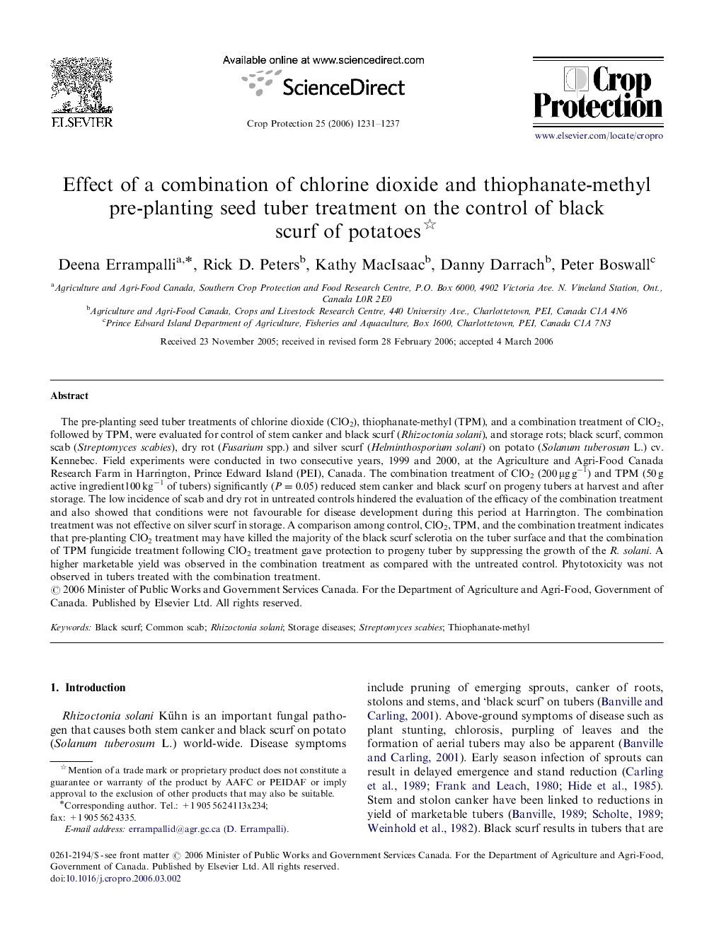 Effect of a combination of chlorine dioxide and thiophanate-methyl pre-planting seed tuber treatment on the control of black scurf of potatoes 