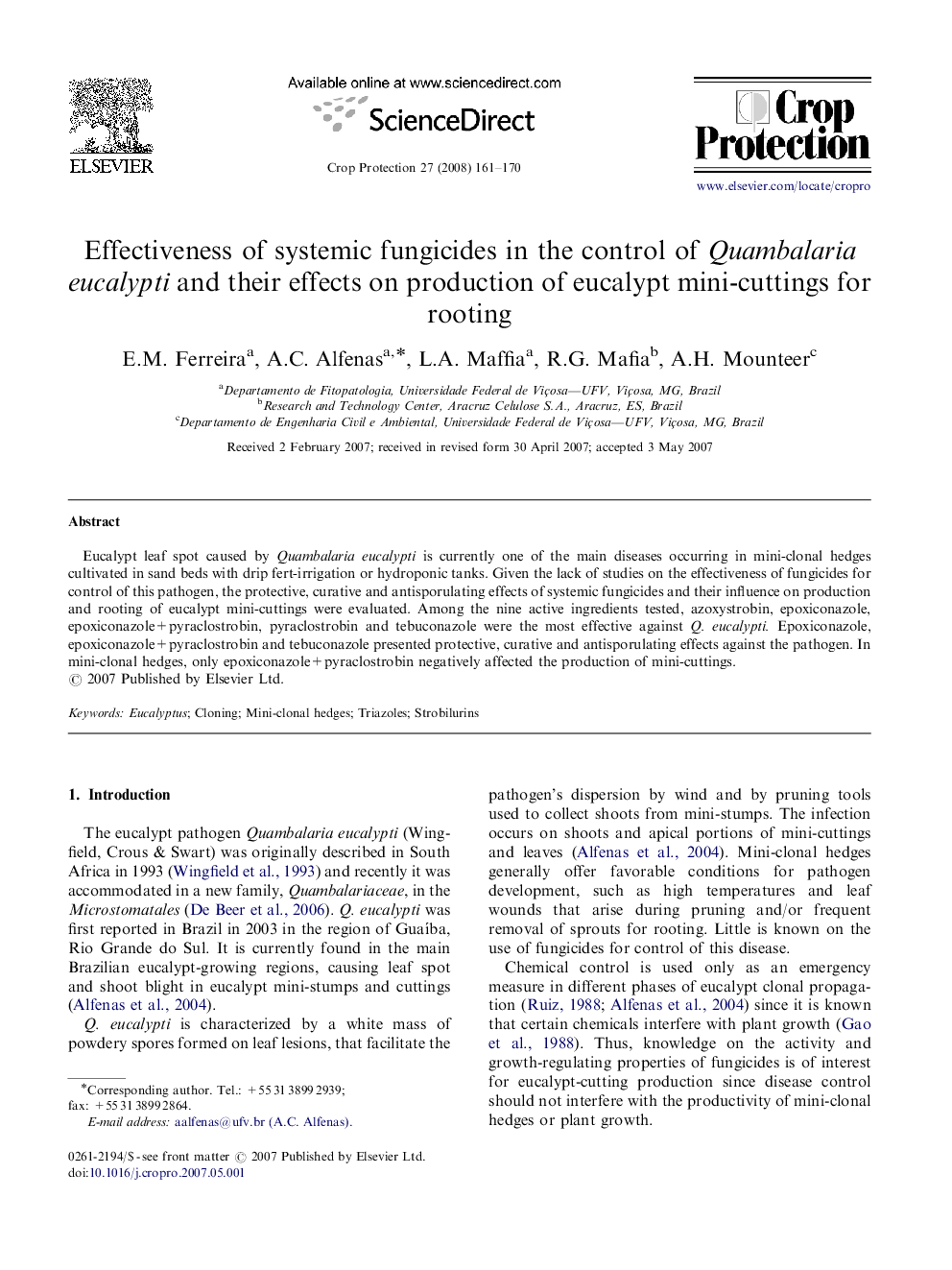 Effectiveness of systemic fungicides in the control of Quambalaria eucalypti and their effects on production of eucalypt mini-cuttings for rooting