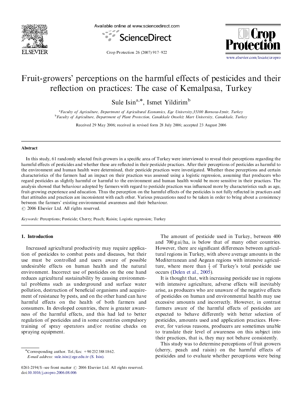 Fruit-growers’ perceptions on the harmful effects of pesticides and their reflection on practices: The case of Kemalpasa, Turkey