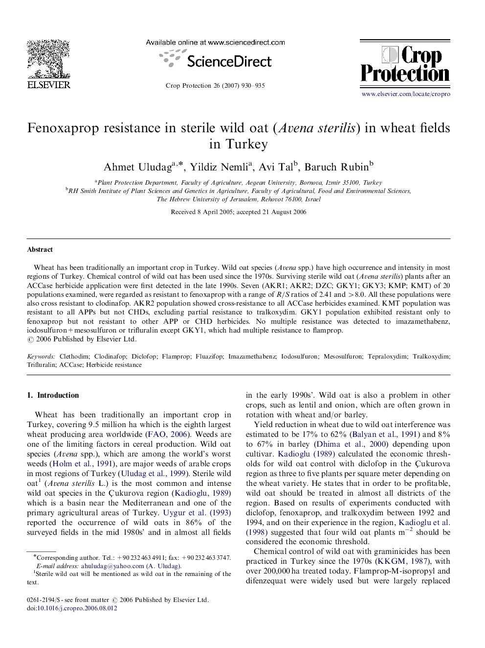 Fenoxaprop resistance in sterile wild oat (Avena sterilis) in wheat fields in Turkey