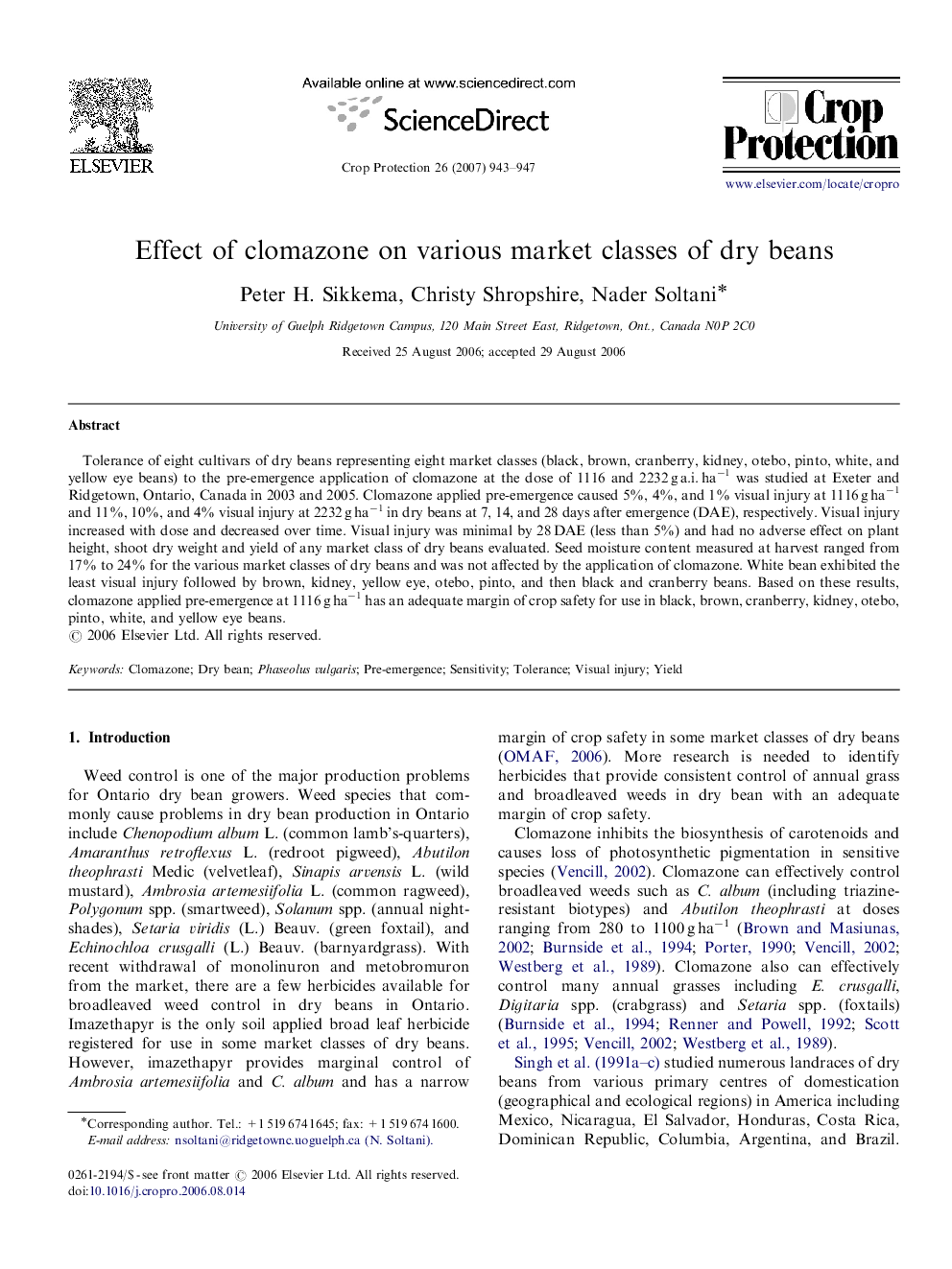 Effect of clomazone on various market classes of dry beans