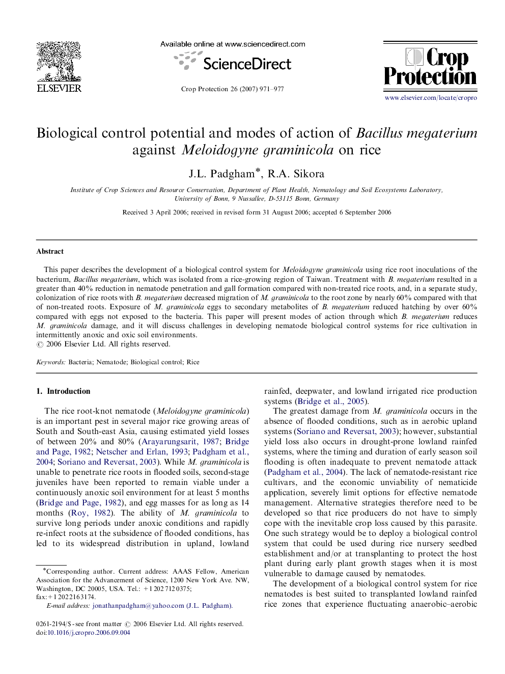 Biological control potential and modes of action of Bacillus megaterium against Meloidogyne graminicola on rice