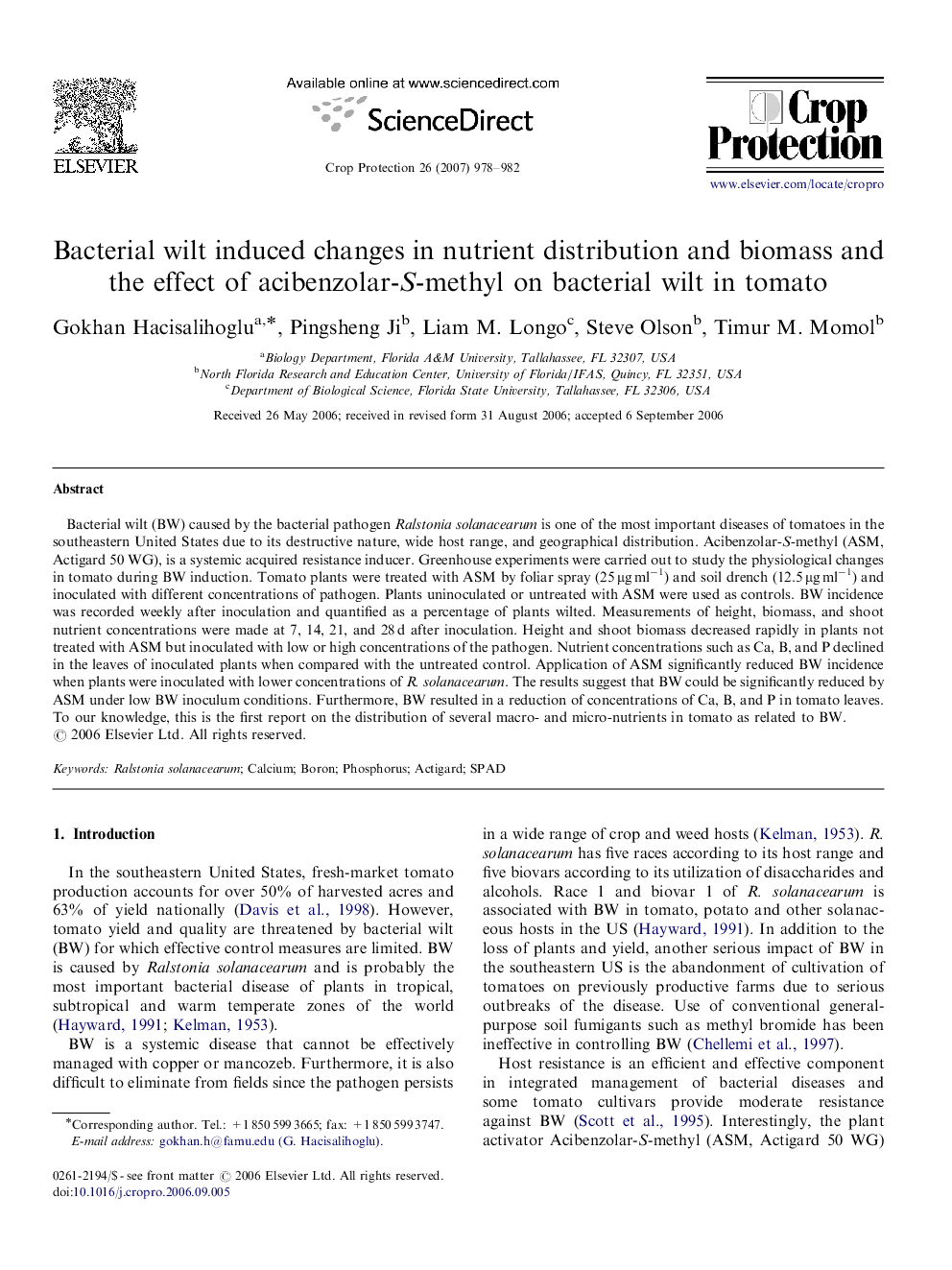 Bacterial wilt induced changes in nutrient distribution and biomass and the effect of acibenzolar-S-methyl on bacterial wilt in tomato