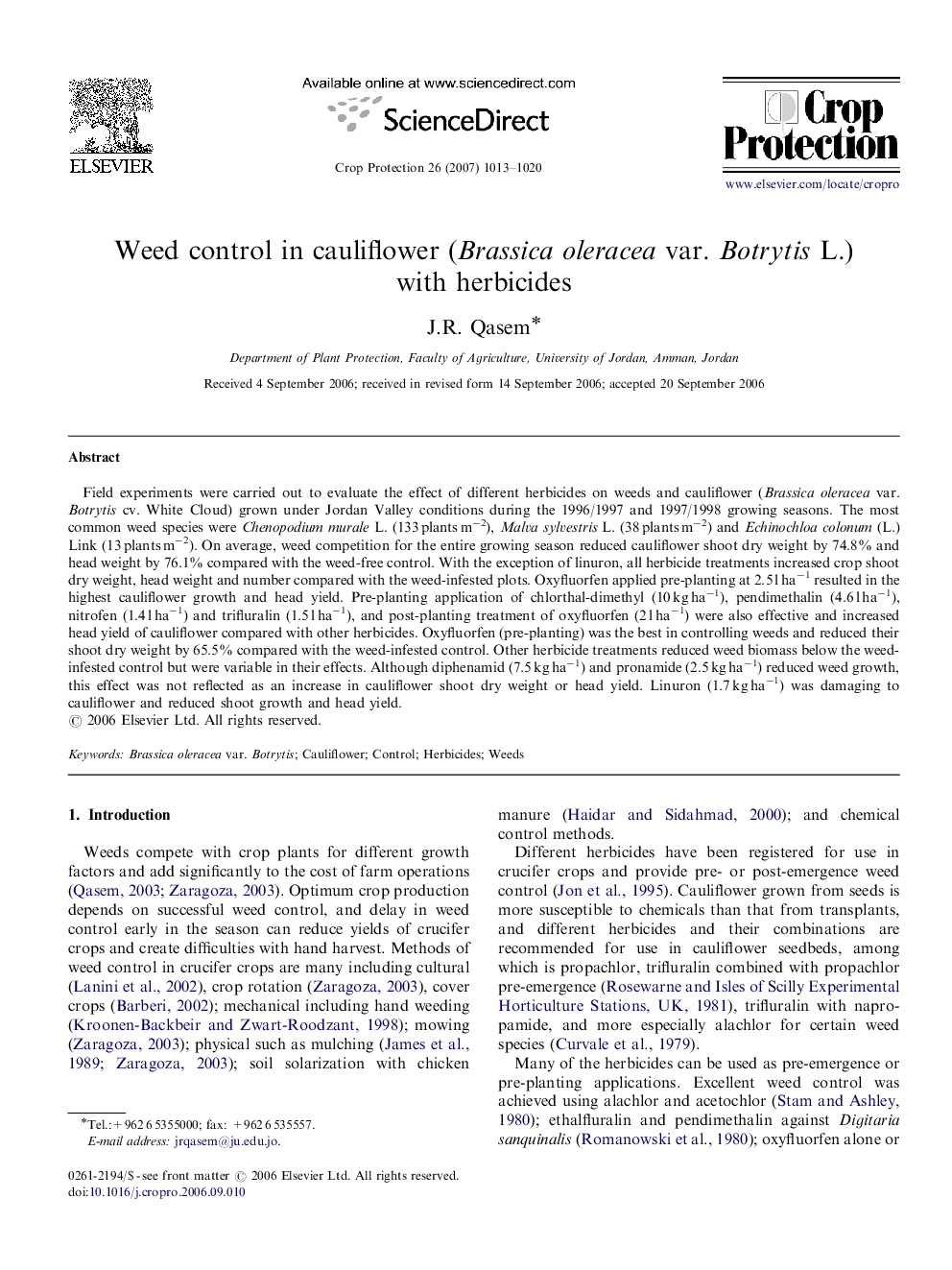 Weed control in cauliflower (Brassica oleracea var. Botrytis L.) with herbicides