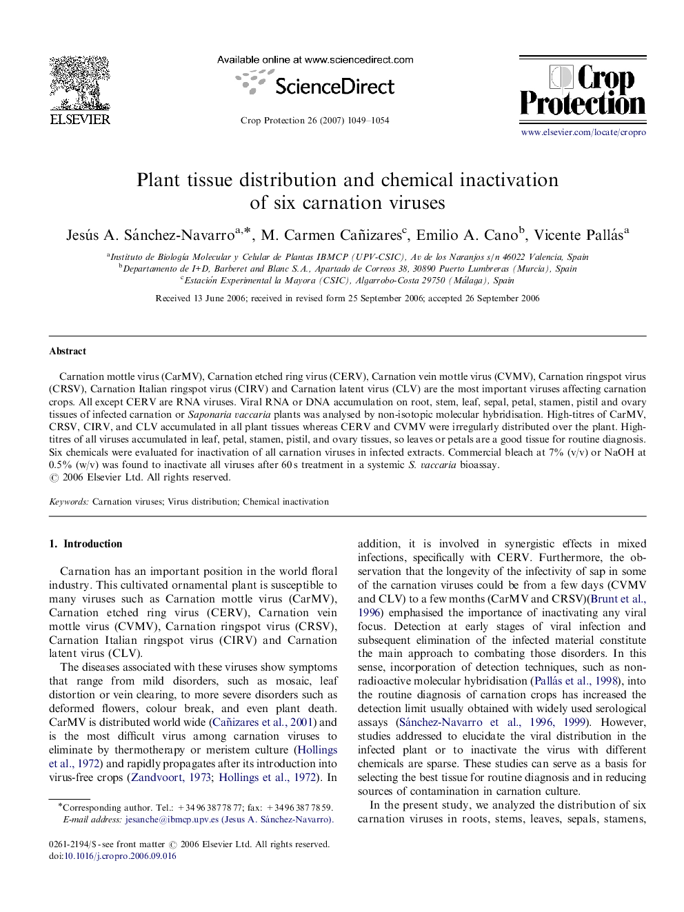 Plant tissue distribution and chemical inactivation of six carnation viruses