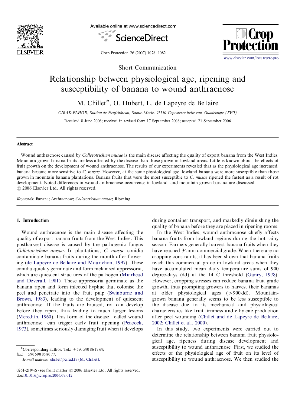 Relationship between physiological age, ripening and susceptibility of banana to wound anthracnose