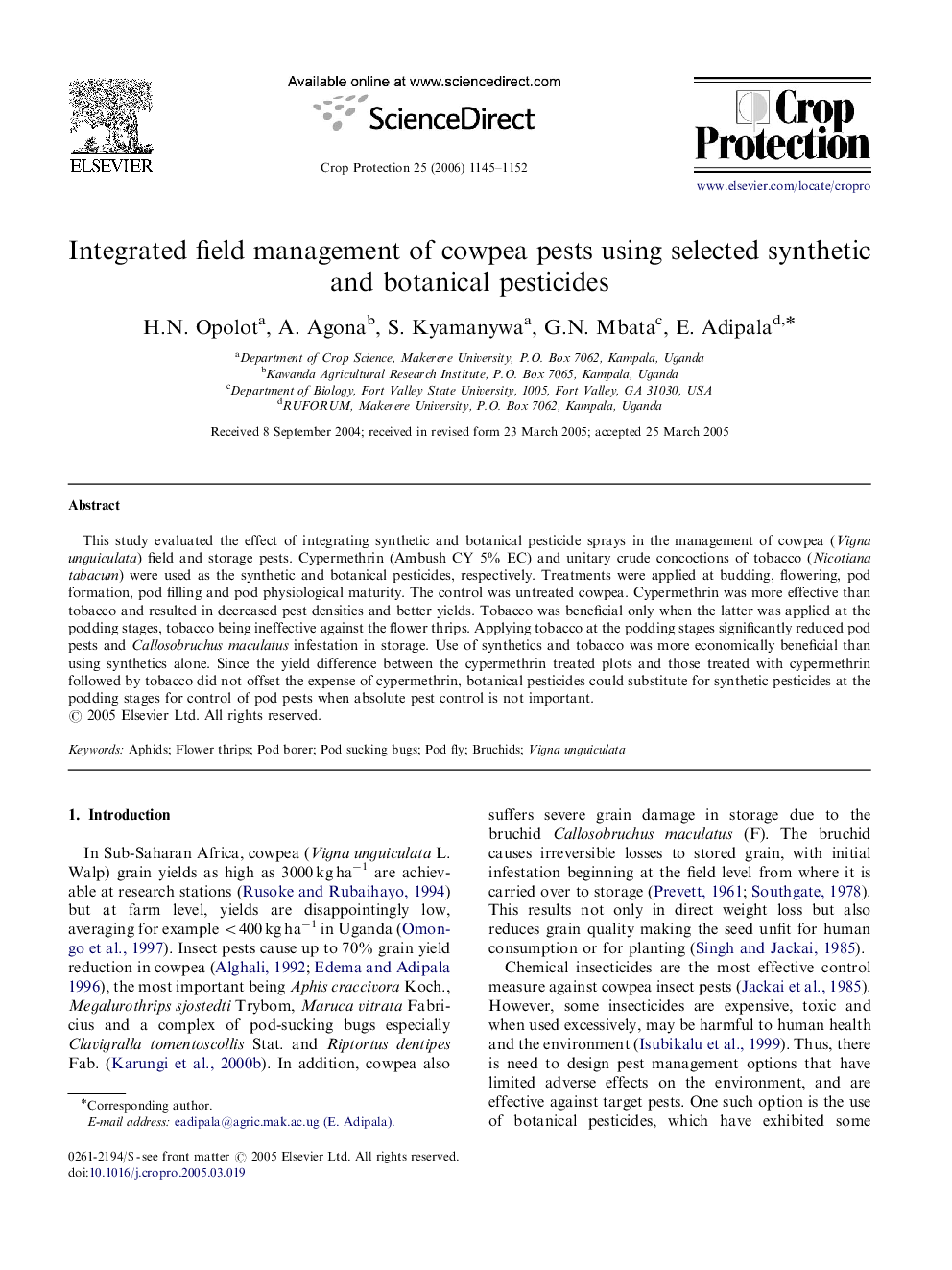 Integrated field management of cowpea pests using selected synthetic and botanical pesticides