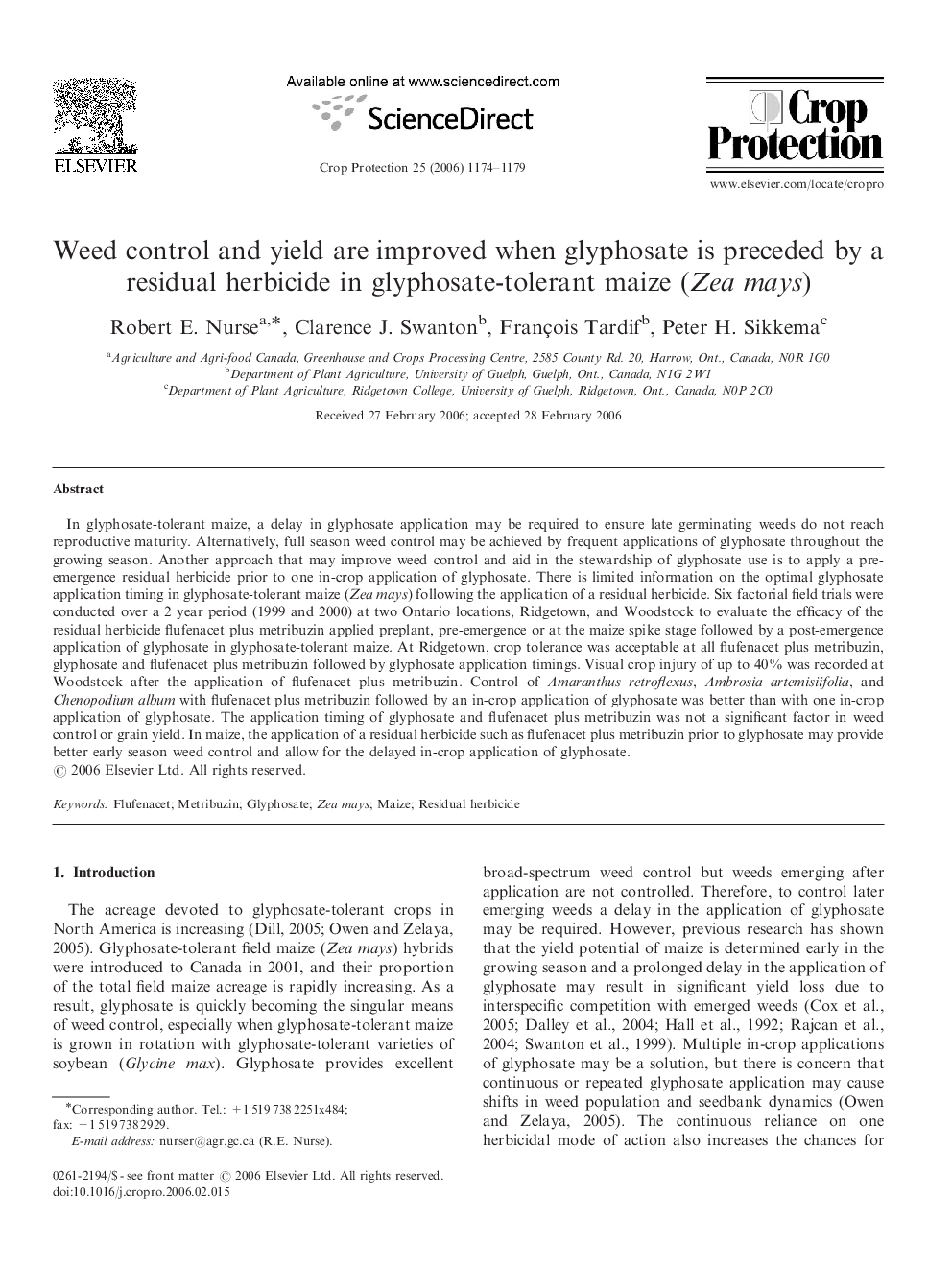 Weed control and yield are improved when glyphosate is preceded by a residual herbicide in glyphosate-tolerant maize (Zea mays)