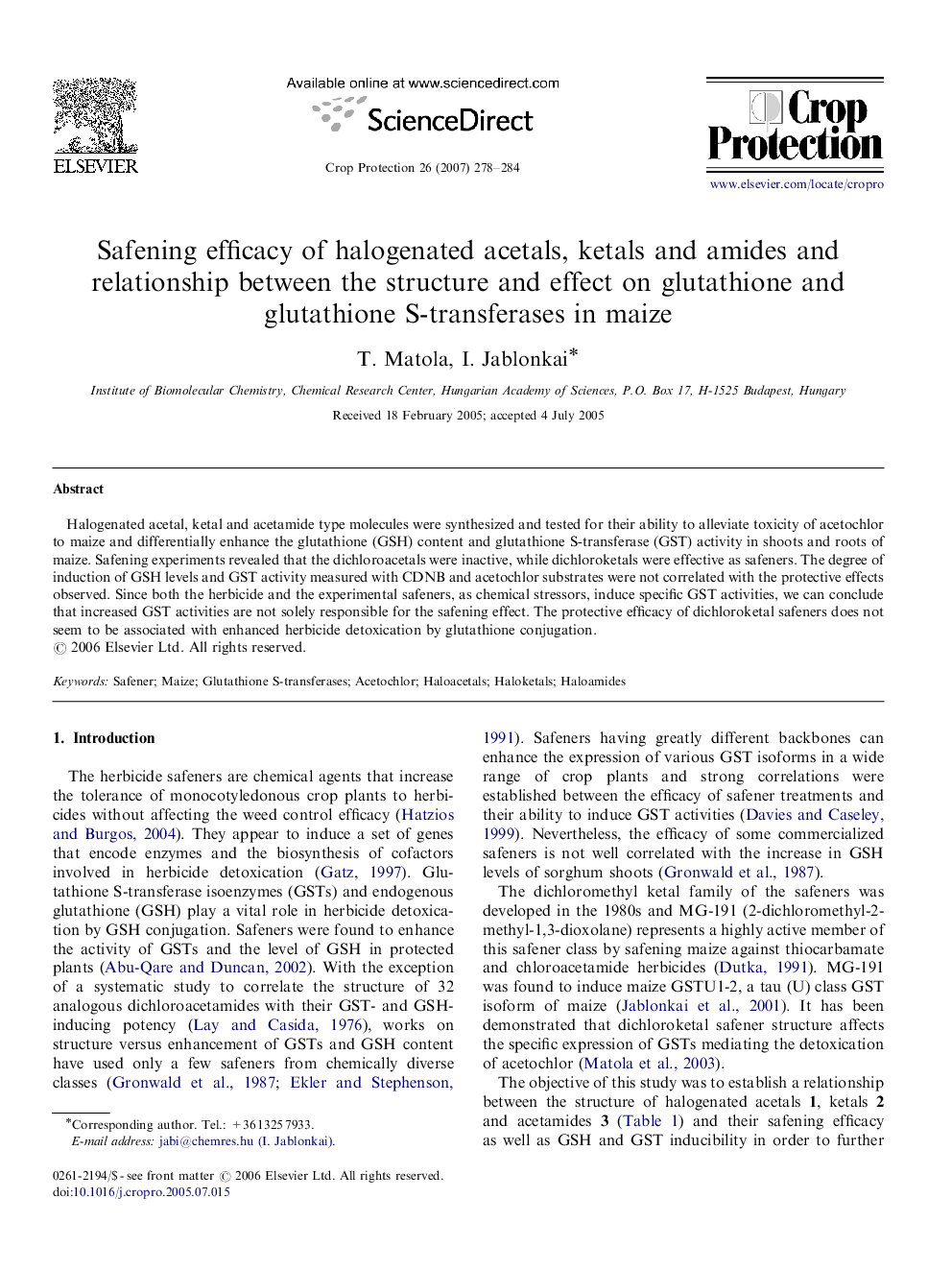 Safening efficacy of halogenated acetals, ketals and amides and relationship between the structure and effect on glutathione and glutathione S-transferases in maize