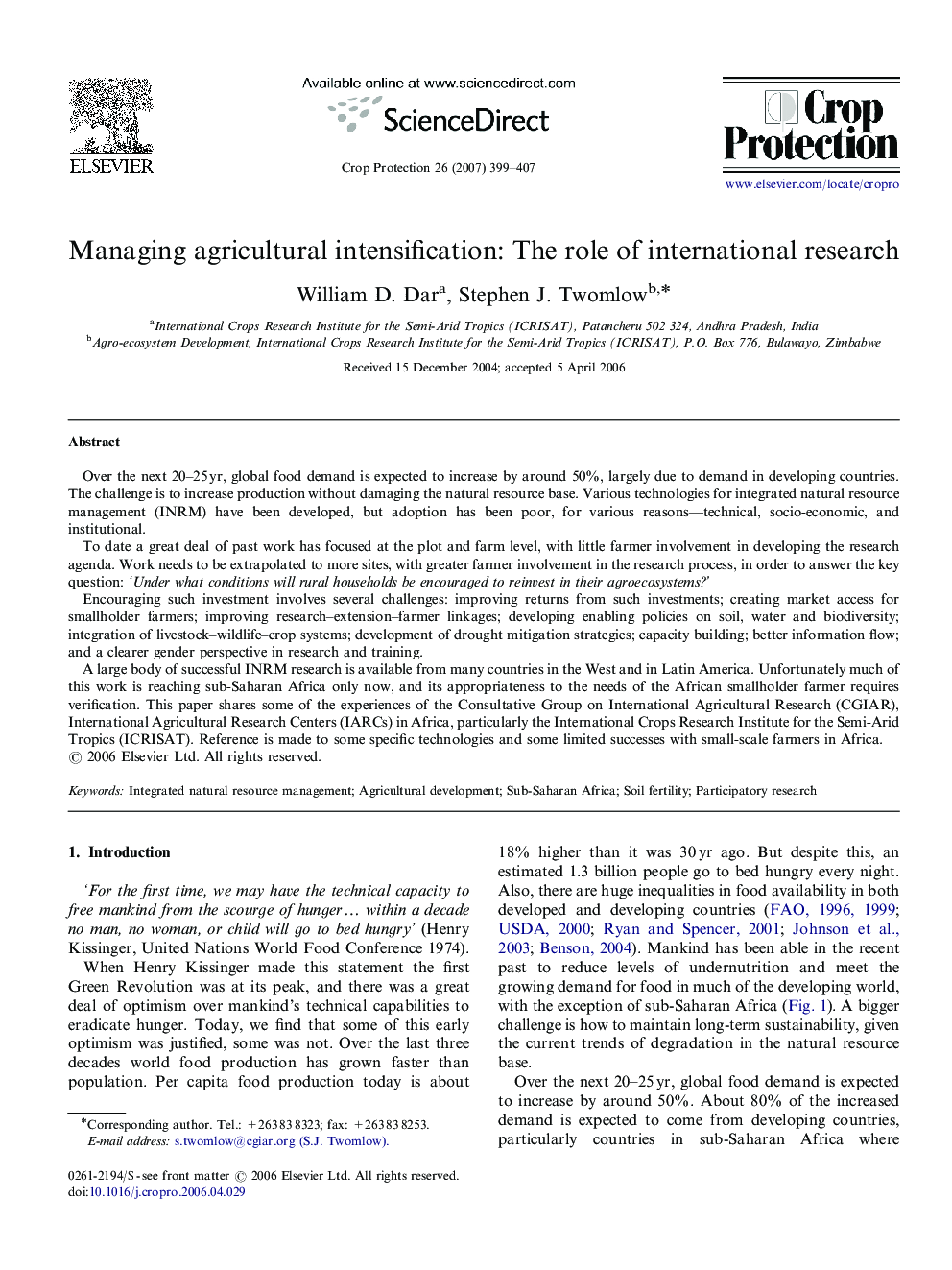 Managing agricultural intensification: The role of international research