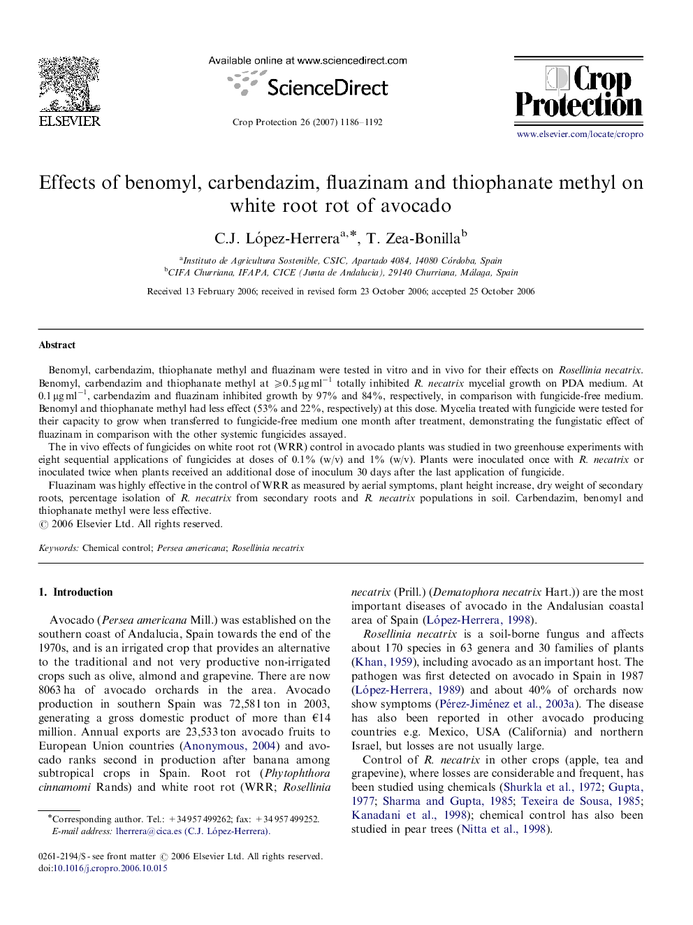 Effects of benomyl, carbendazim, fluazinam and thiophanate methyl on white root rot of avocado