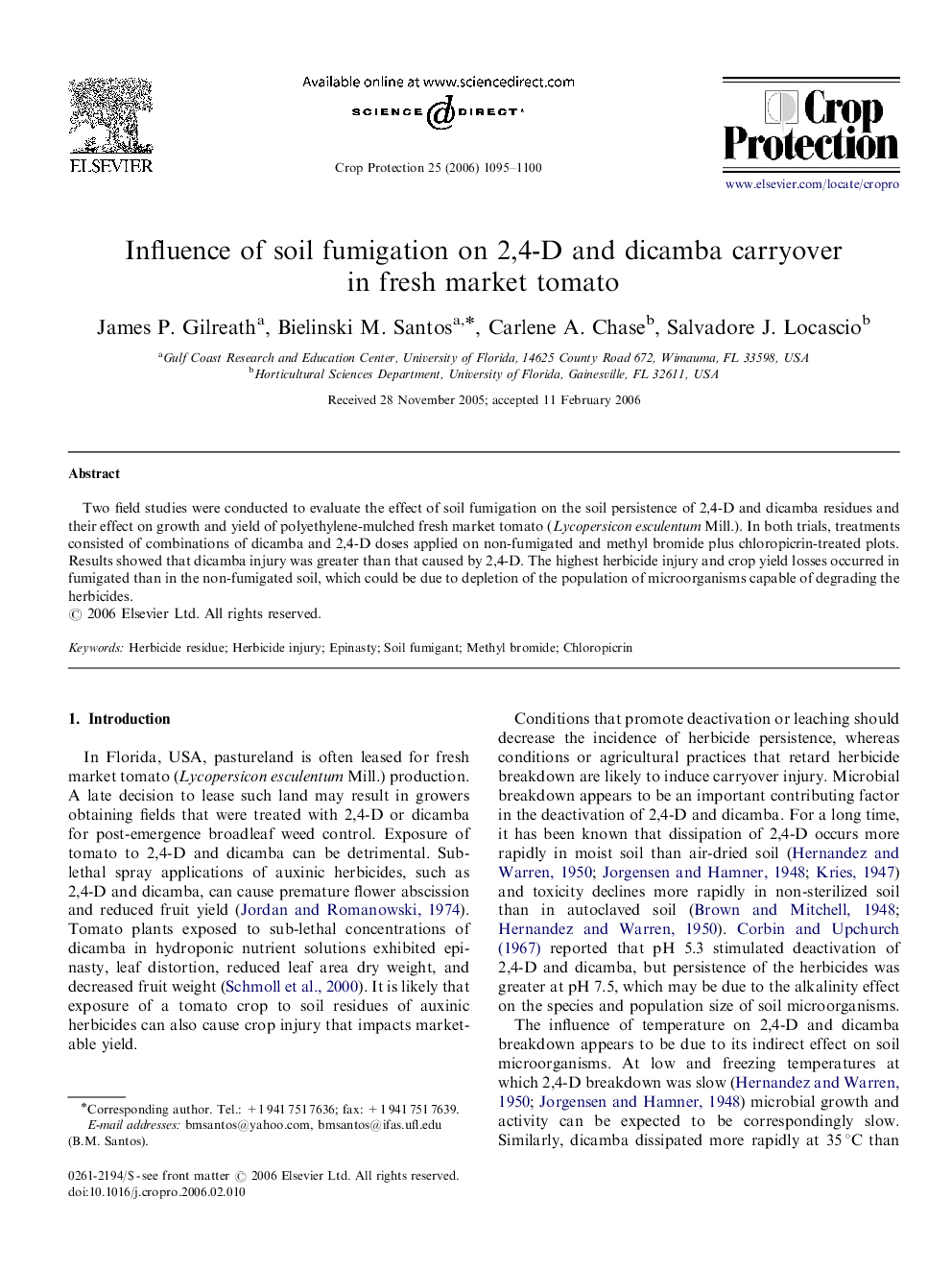 Influence of soil fumigation on 2,4-D and dicamba carryover in fresh market tomato