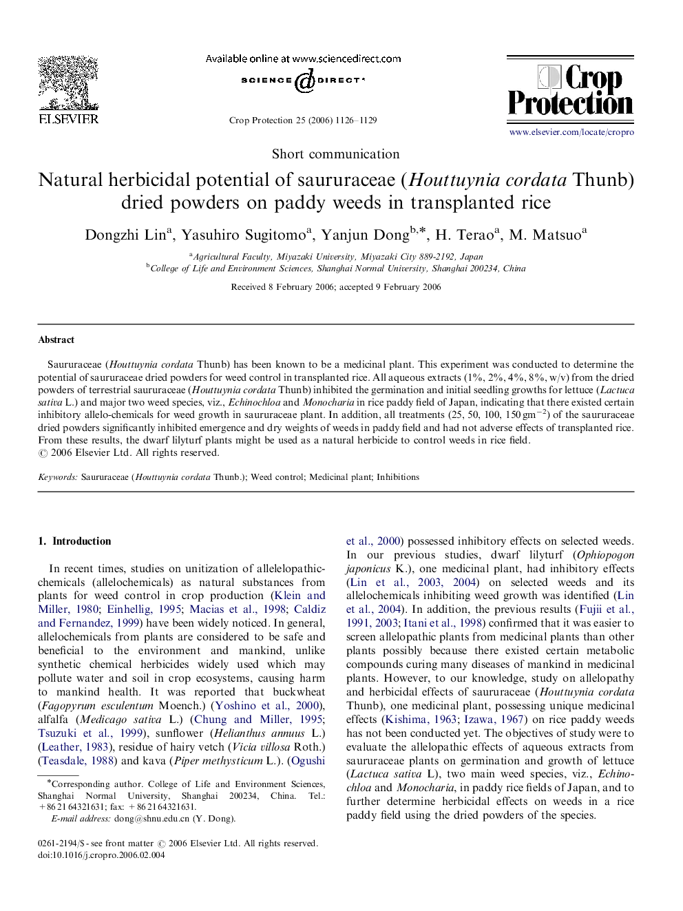 Natural herbicidal potential of saururaceae (Houttuynia cordata Thunb) dried powders on paddy weeds in transplanted rice