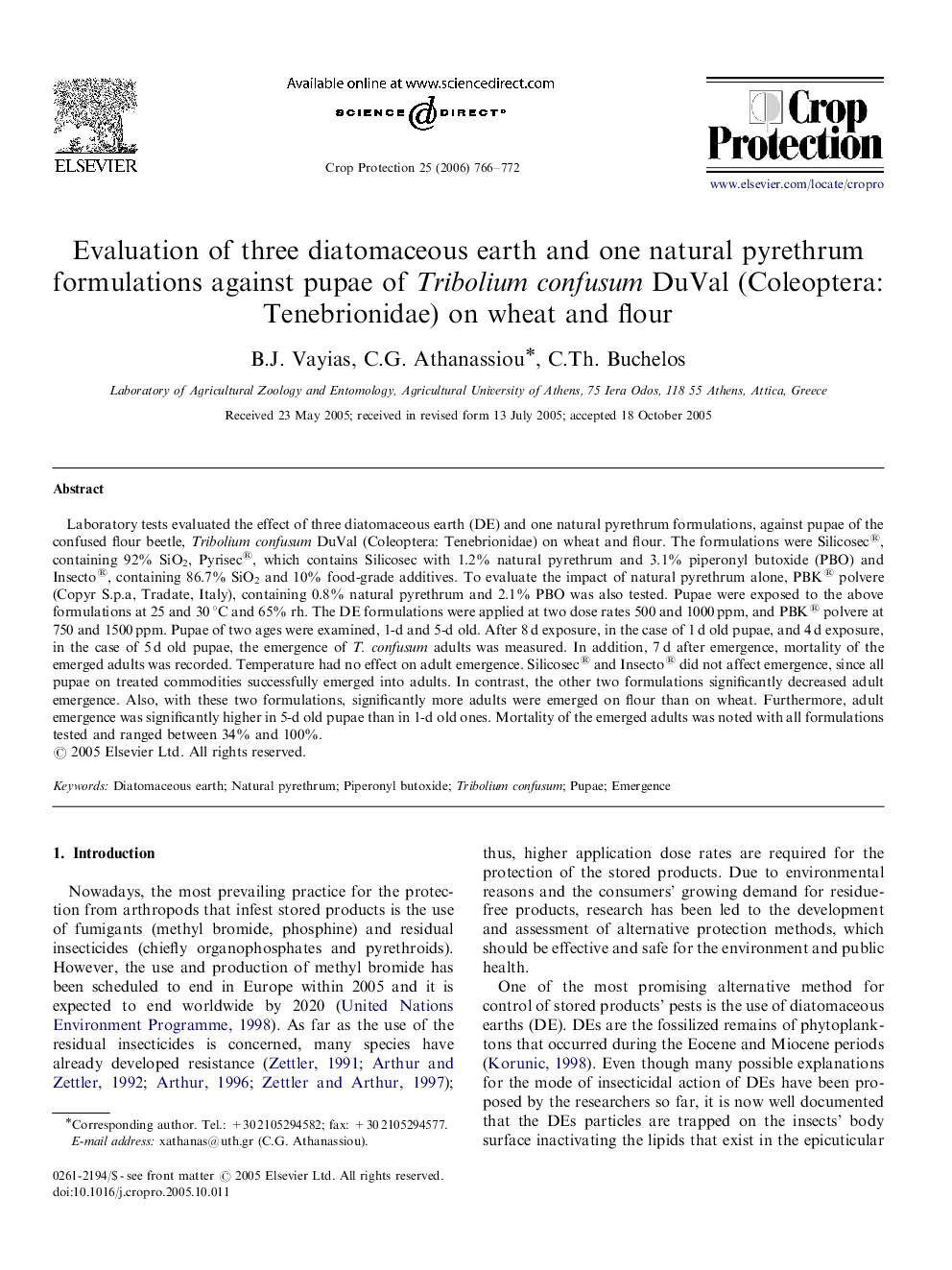 Evaluation of three diatomaceous earth and one natural pyrethrum formulations against pupae of Tribolium confusum DuVal (Coleoptera: Tenebrionidae) on wheat and flour