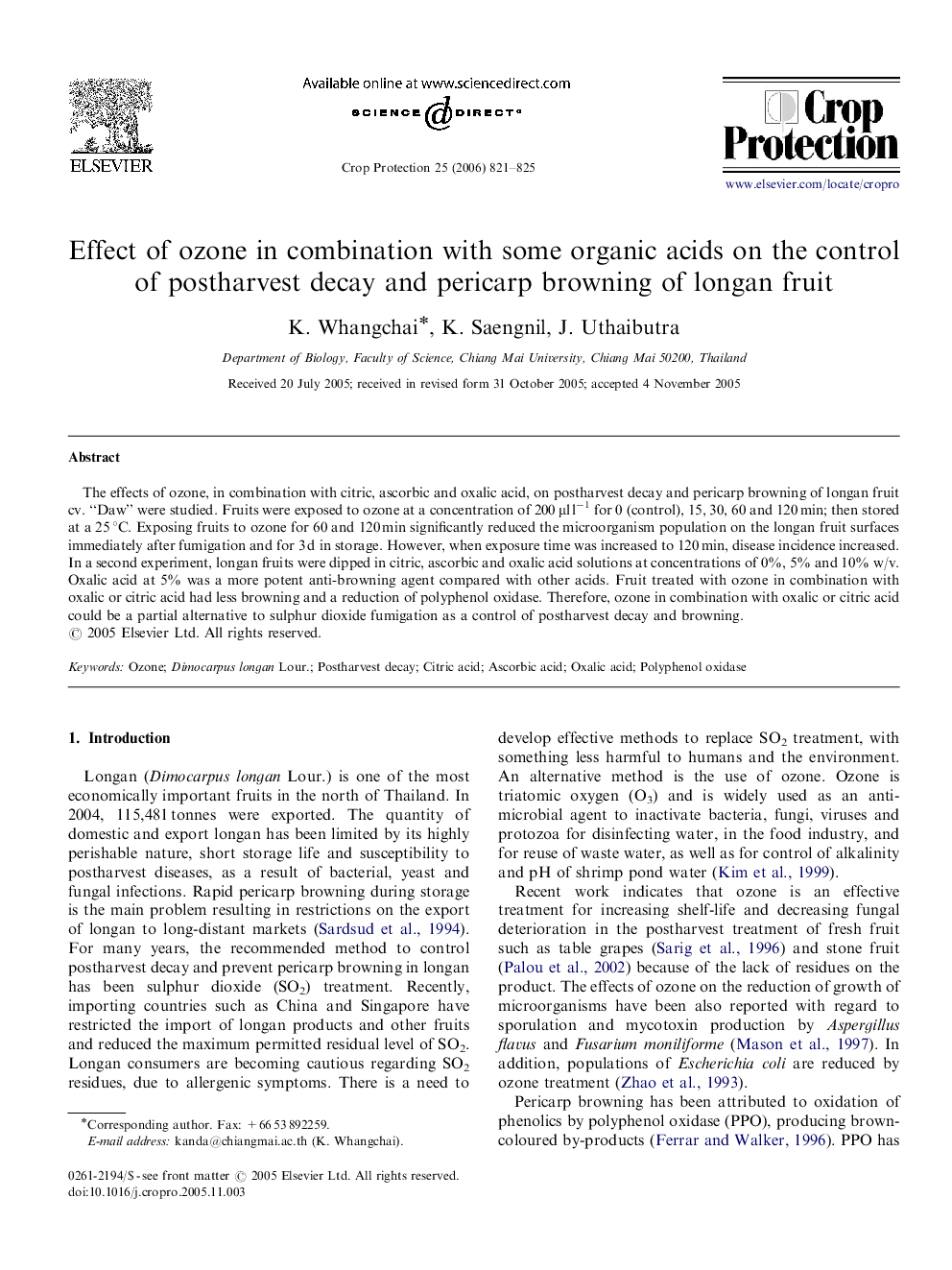 Effect of ozone in combination with some organic acids on the control of postharvest decay and pericarp browning of longan fruit