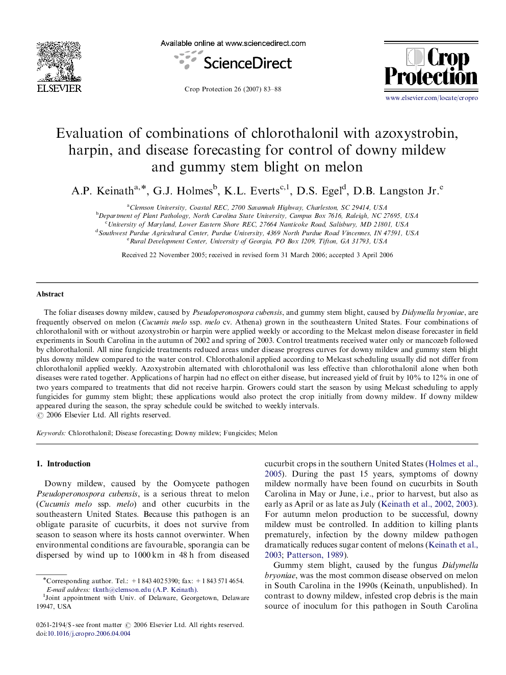 Evaluation of combinations of chlorothalonil with azoxystrobin, harpin, and disease forecasting for control of downy mildew and gummy stem blight on melon