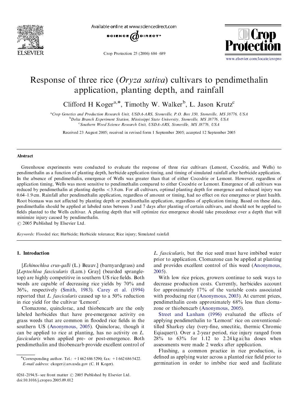 Response of three rice (Oryza sativa) cultivars to pendimethalin application, planting depth, and rainfall