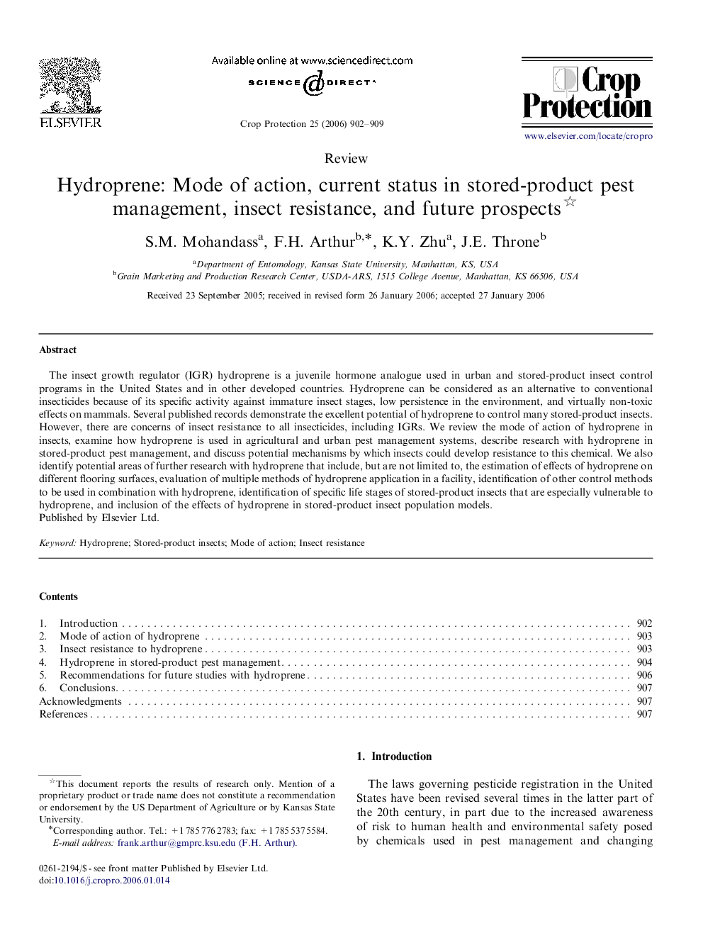 Hydroprene: Mode of action, current status in stored-product pest management, insect resistance, and future prospects 