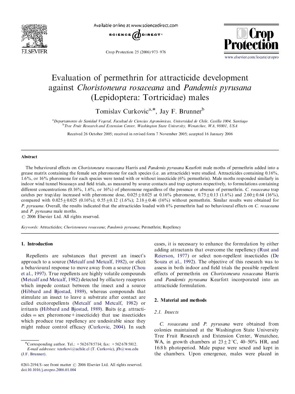 Evaluation of permethrin for attracticide development against Choristoneura rosaceana and Pandemis pyrusana (Lepidoptera: Tortricidae) males