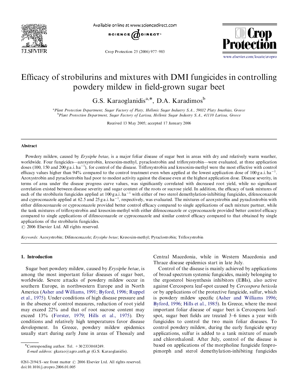 Efficacy of strobilurins and mixtures with DMI fungicides in controlling powdery mildew in field-grown sugar beet