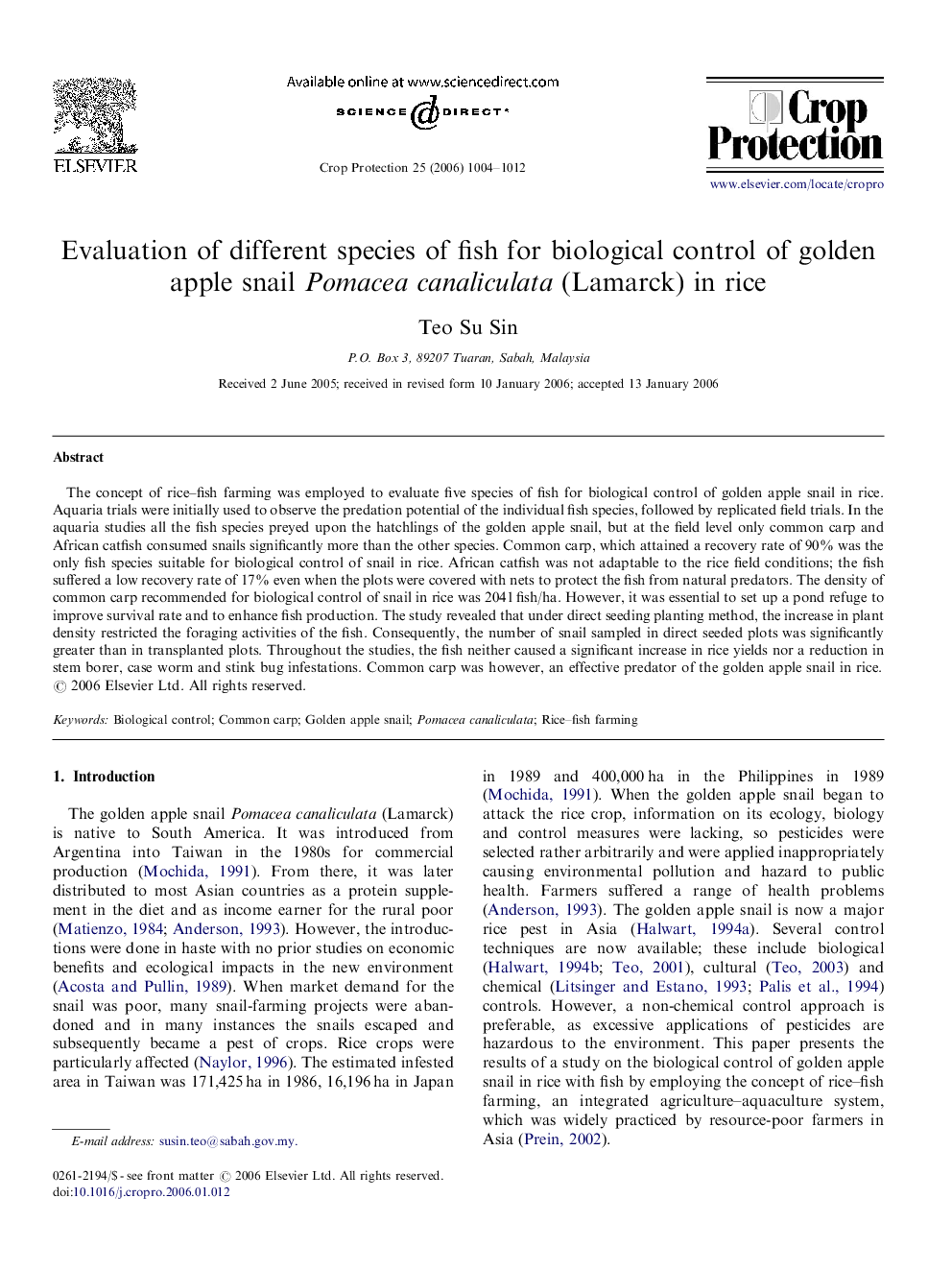 Evaluation of different species of fish for biological control of golden apple snail Pomacea canaliculata (Lamarck) in rice