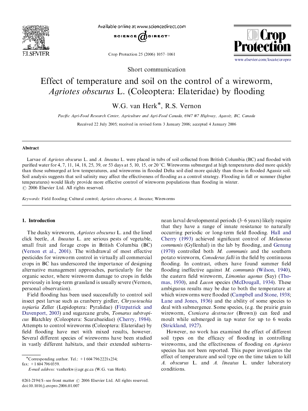 Effect of temperature and soil on the control of a wireworm, Agriotes obscurus L. (Coleoptera: Elateridae) by flooding