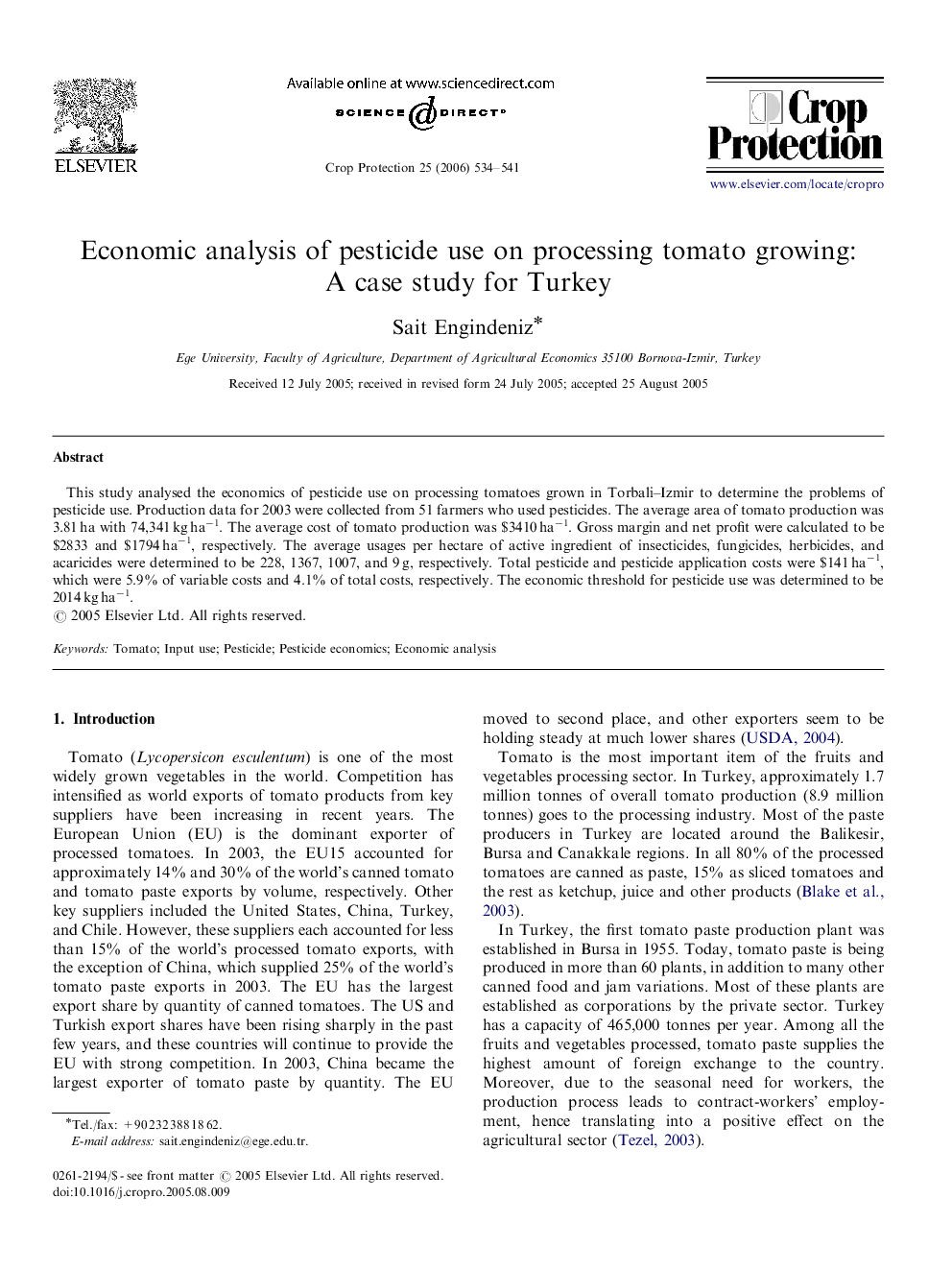 Economic analysis of pesticide use on processing tomato growing: A case study for Turkey