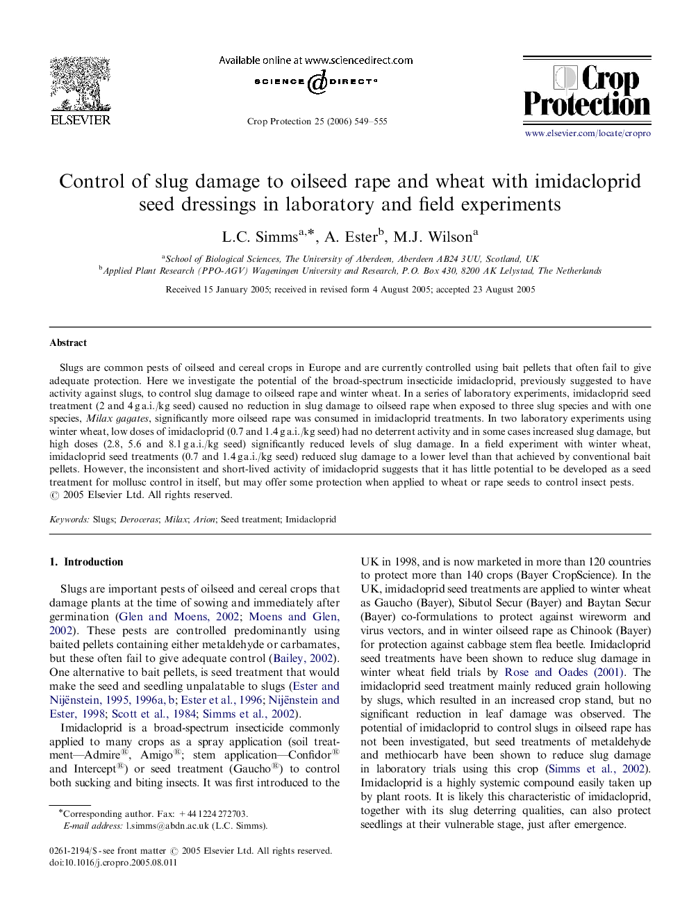 Control of slug damage to oilseed rape and wheat with imidacloprid seed dressings in laboratory and field experiments