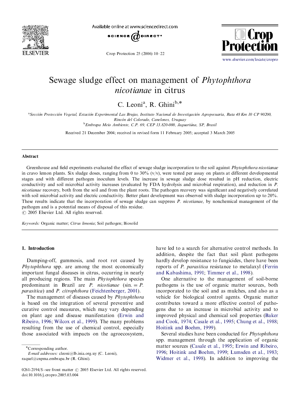 Sewage sludge effect on management of Phytophthora nicotianae in citrus