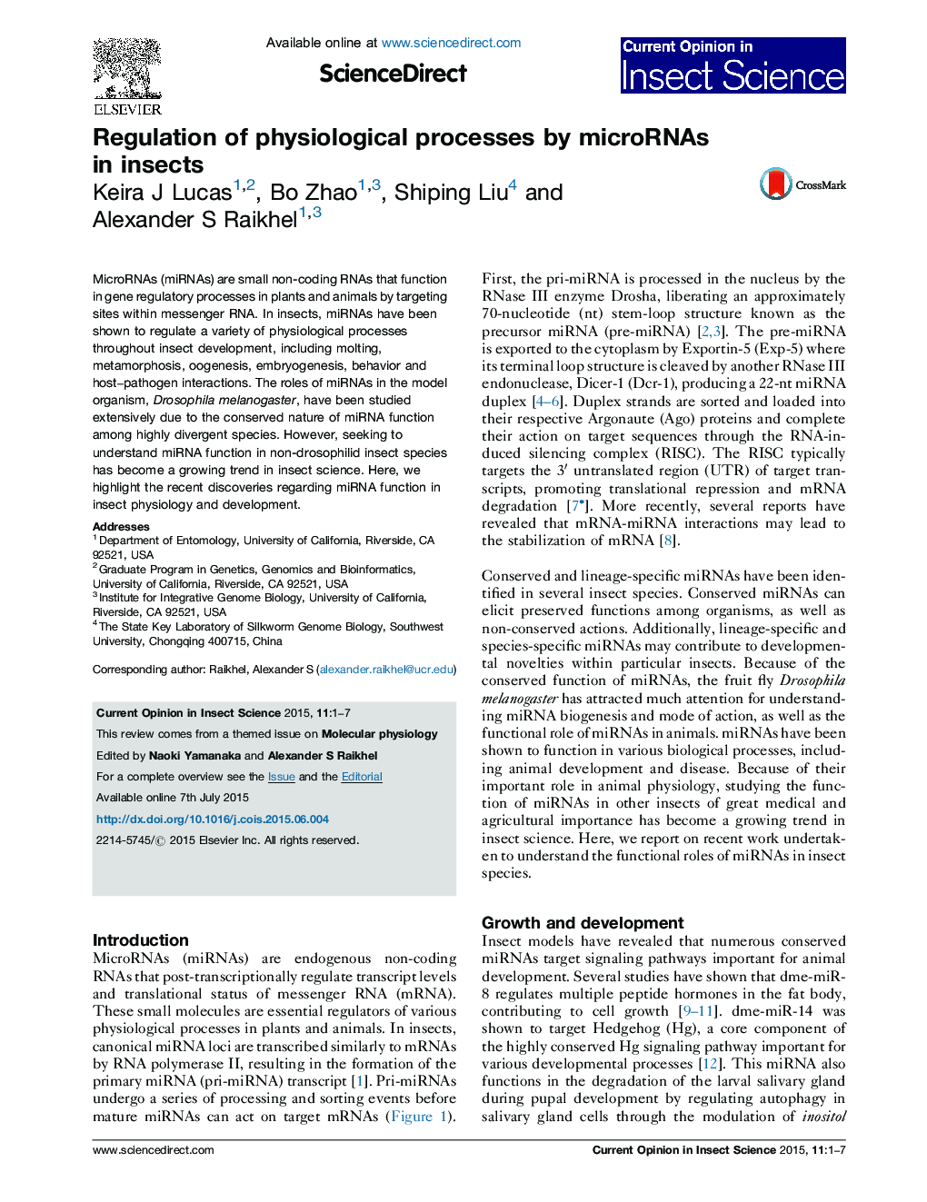 Regulation of physiological processes by microRNAs in insects