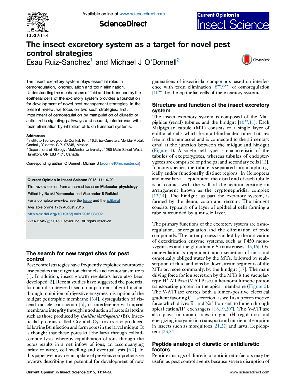 The insect excretory system as a target for novel pest control strategies