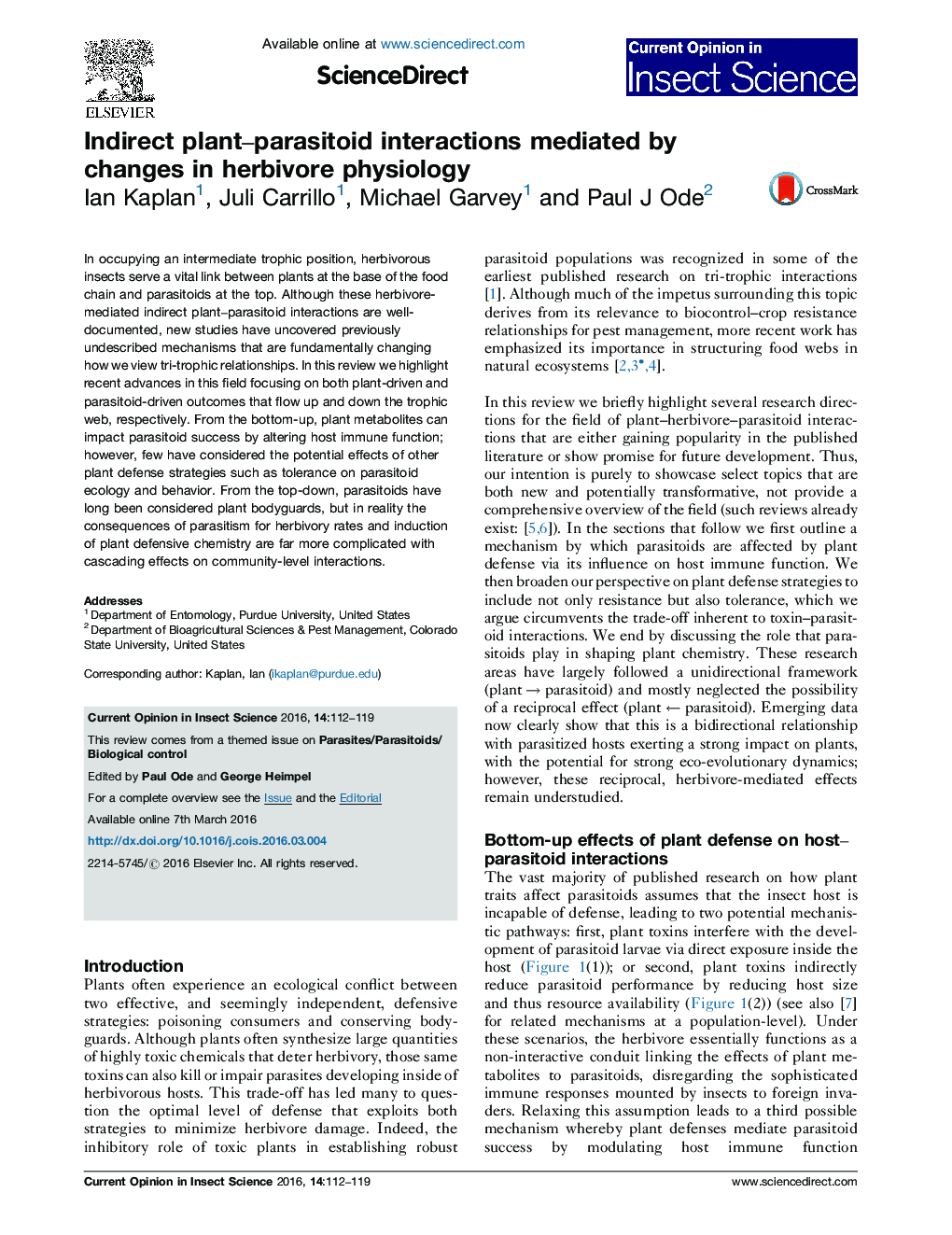 Indirect plant–parasitoid interactions mediated by changes in herbivore physiology