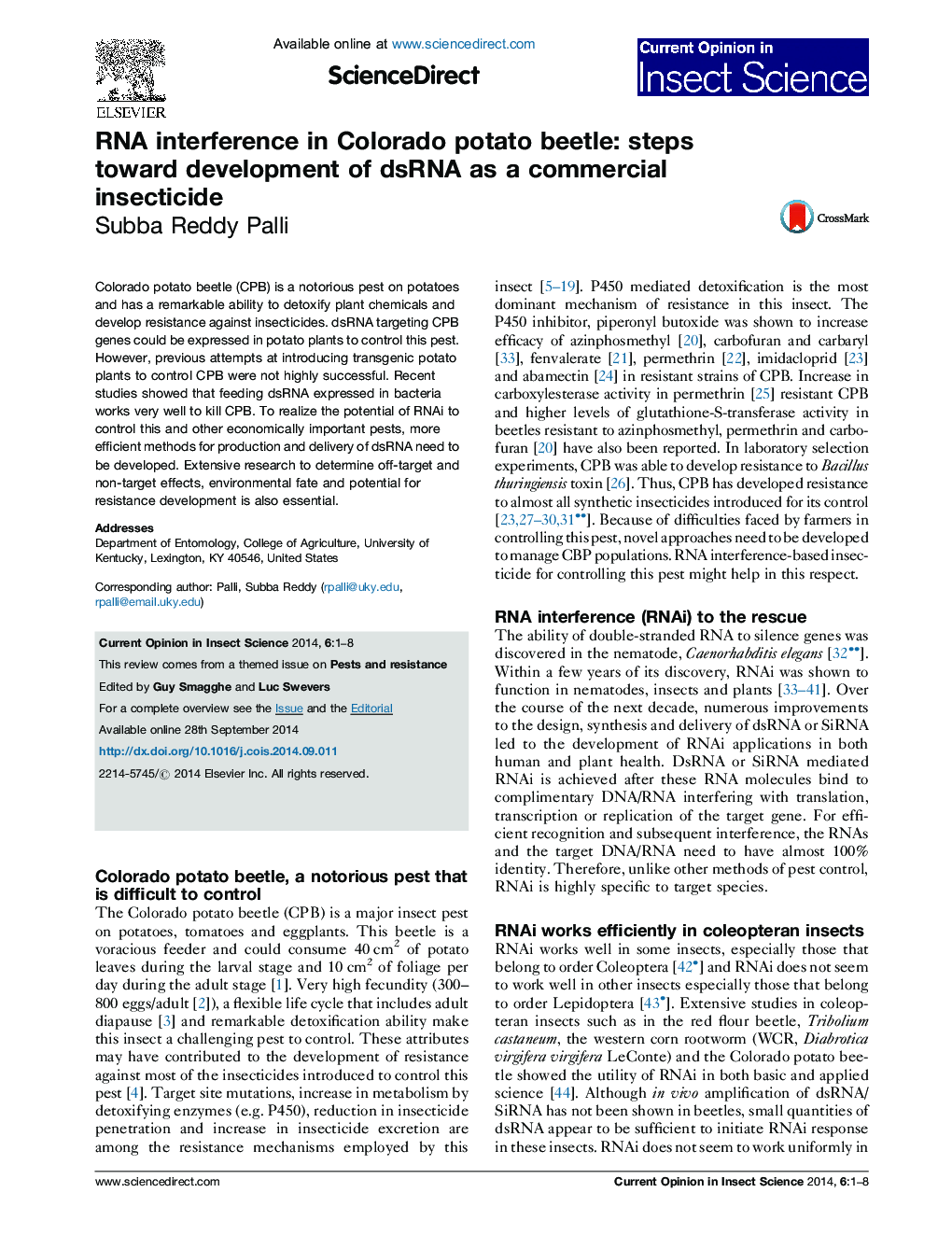 RNA interference in Colorado potato beetle: steps toward development of dsRNA as a commercial insecticide