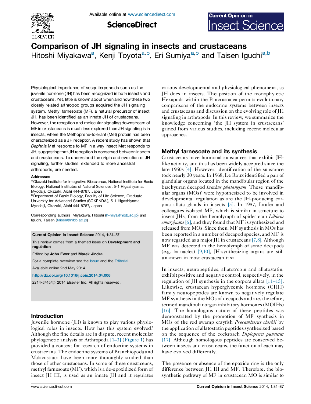Comparison of JH signaling in insects and crustaceans