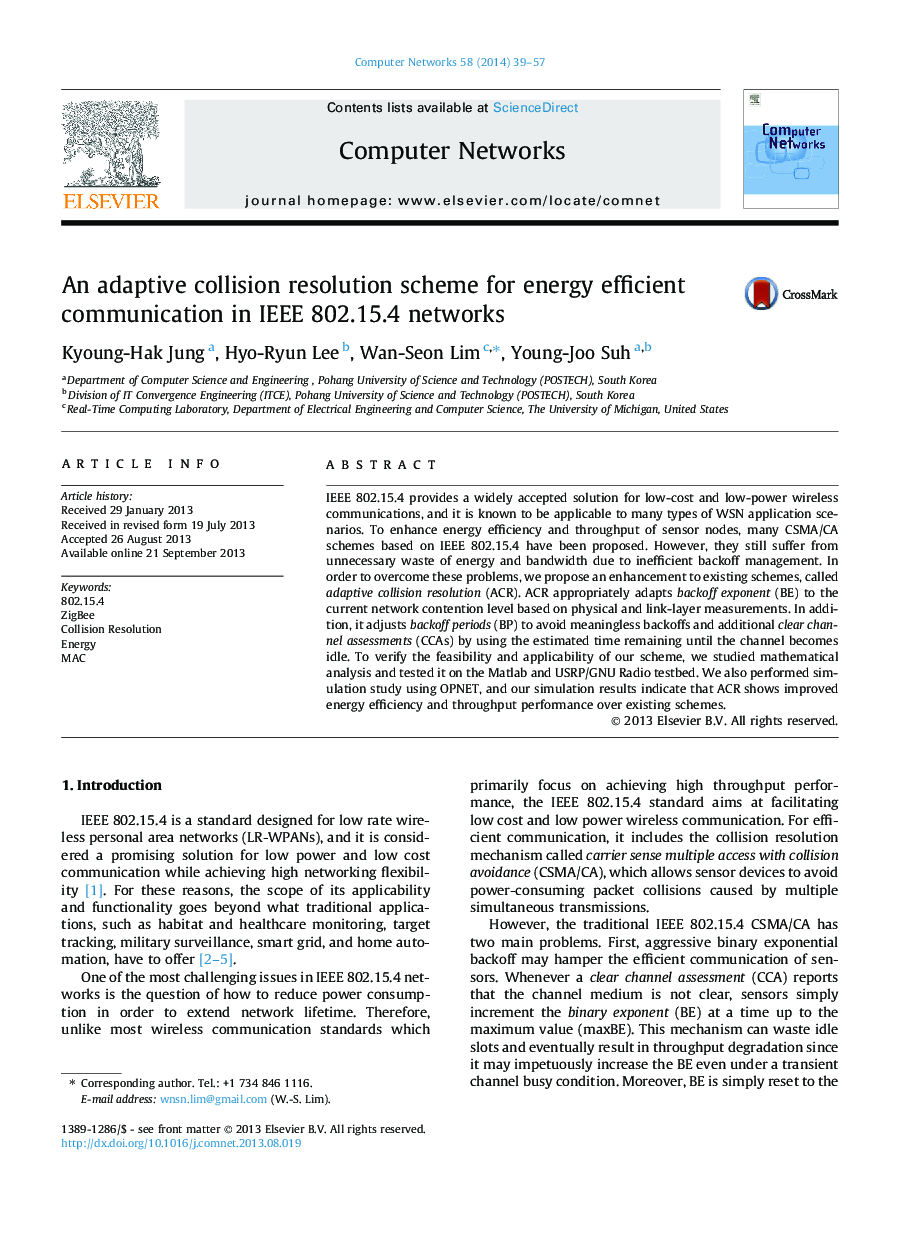 An adaptive collision resolution scheme for energy efficient communication in IEEE 802.15.4 networks